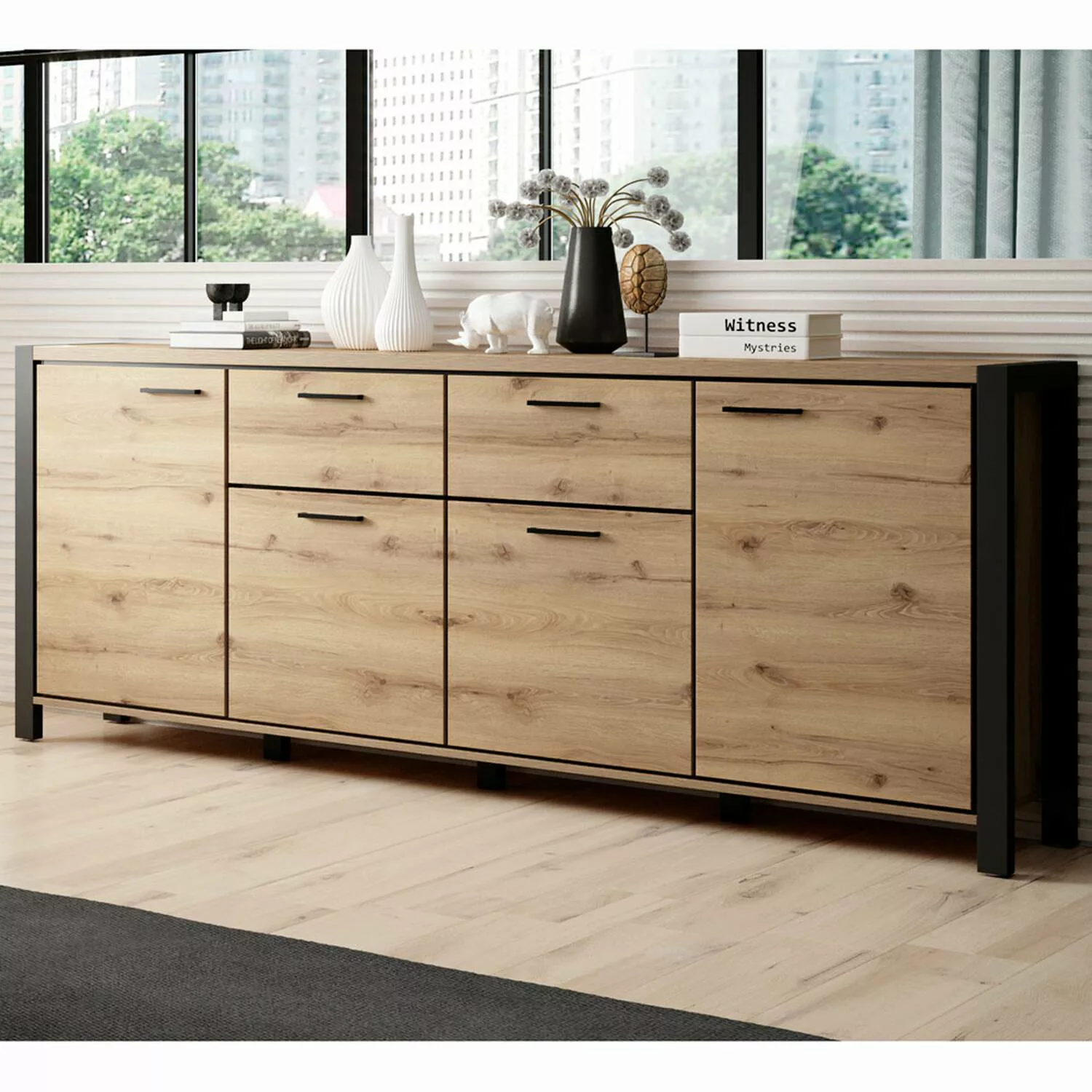 Großes Wohnzimmer Sideboard ACCRA-83 in Taurus Eiche Nb. mit schwarzem Gest günstig online kaufen