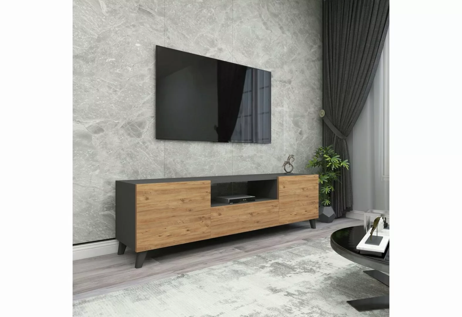 en.casa TV-Schrank »Torsby« TV Lowboard mit 3 Türen Anthrazit / Eiche-Optik günstig online kaufen