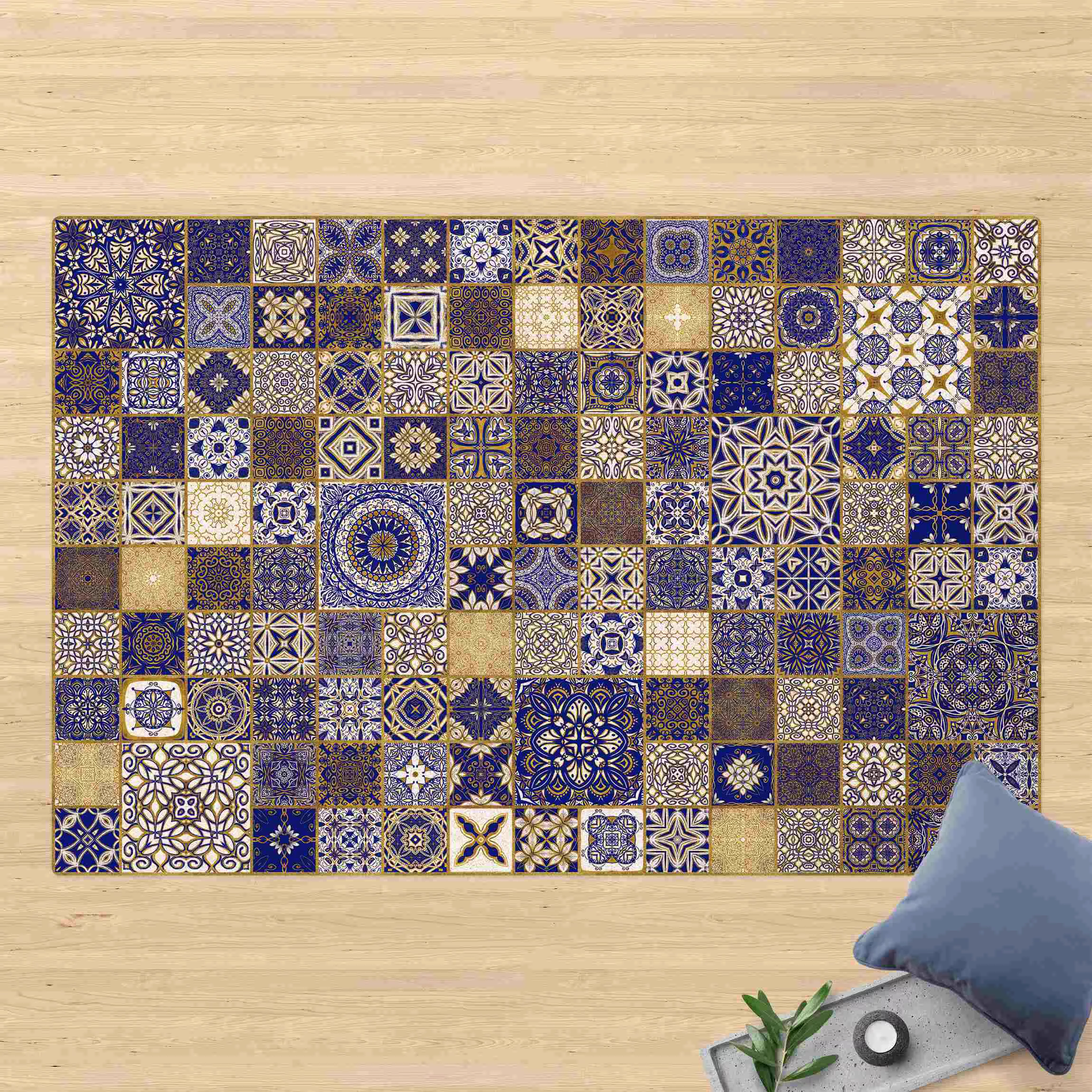 Kork-Teppich Orientalische Fliesen Blau mit Goldschimmer günstig online kaufen