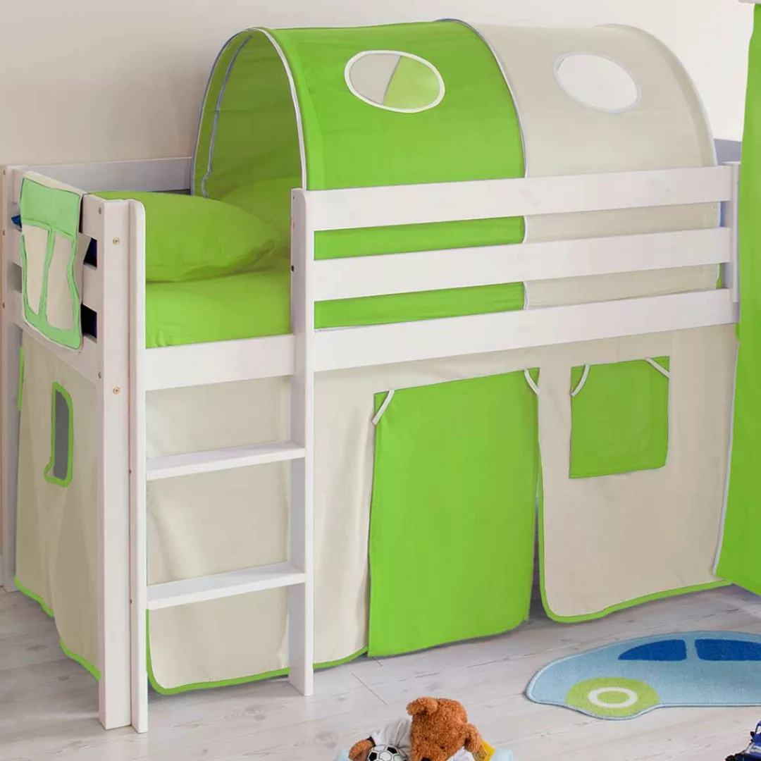 Weißes Kinder Hochbett mit Rutsche Turm in Grün Beige günstig online kaufen