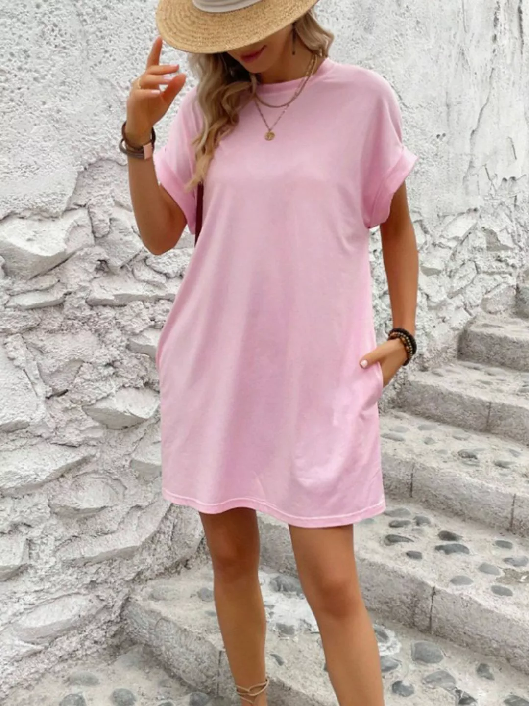 ZWY Dirndl Kleid Damen Kurzarm O-Ausschnitt Kleid, einfarbiges Sommerkleid günstig online kaufen