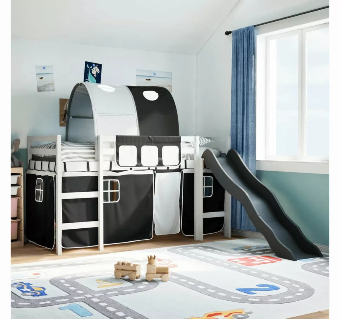 vidaXL Bett, Kinderhochbett mit Tunnel Weiß & Schwarz 90x200 cm Kiefernholz günstig online kaufen