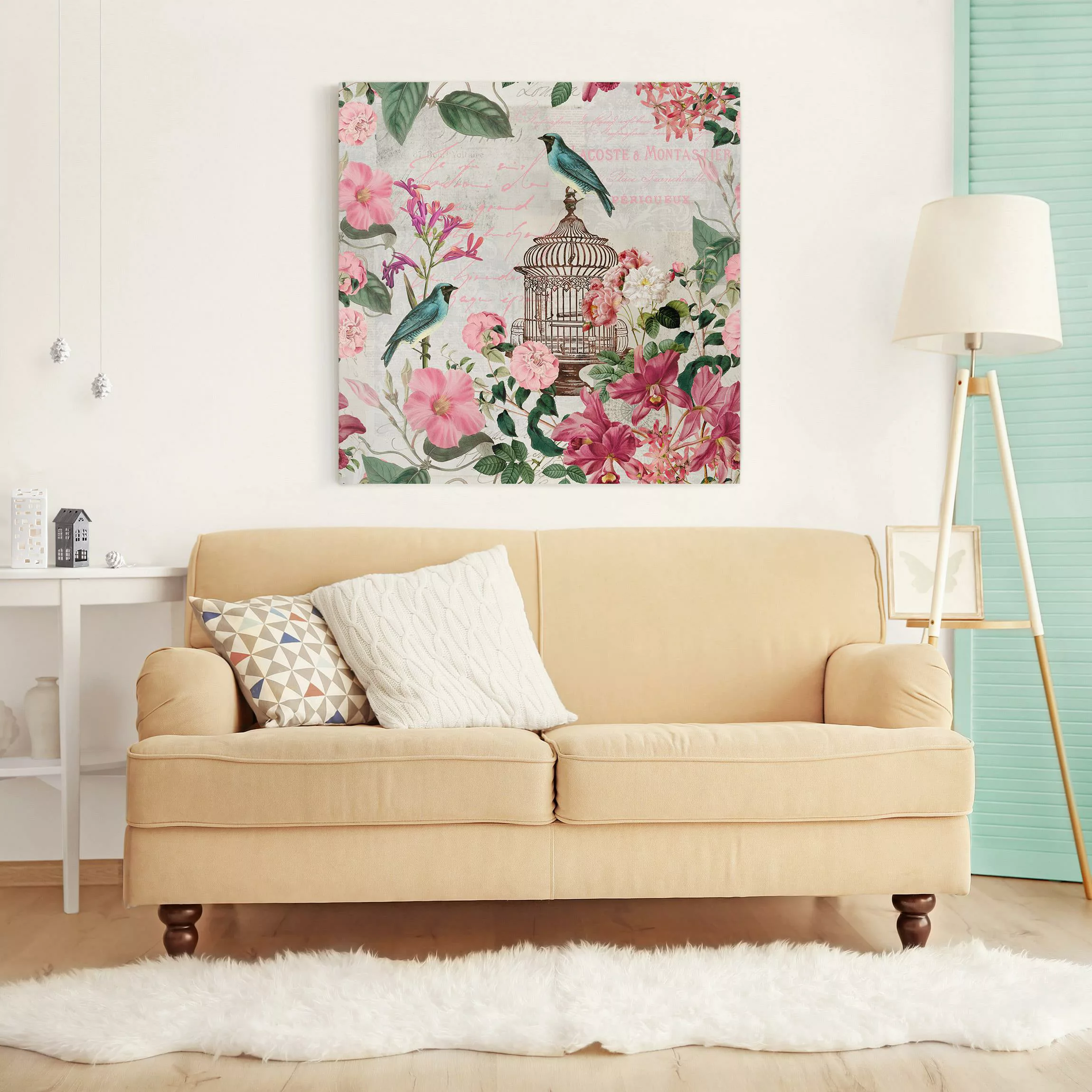 Leinwandbild Shabby Chic Collage - Rosa Blüten und blaue Vögel günstig online kaufen