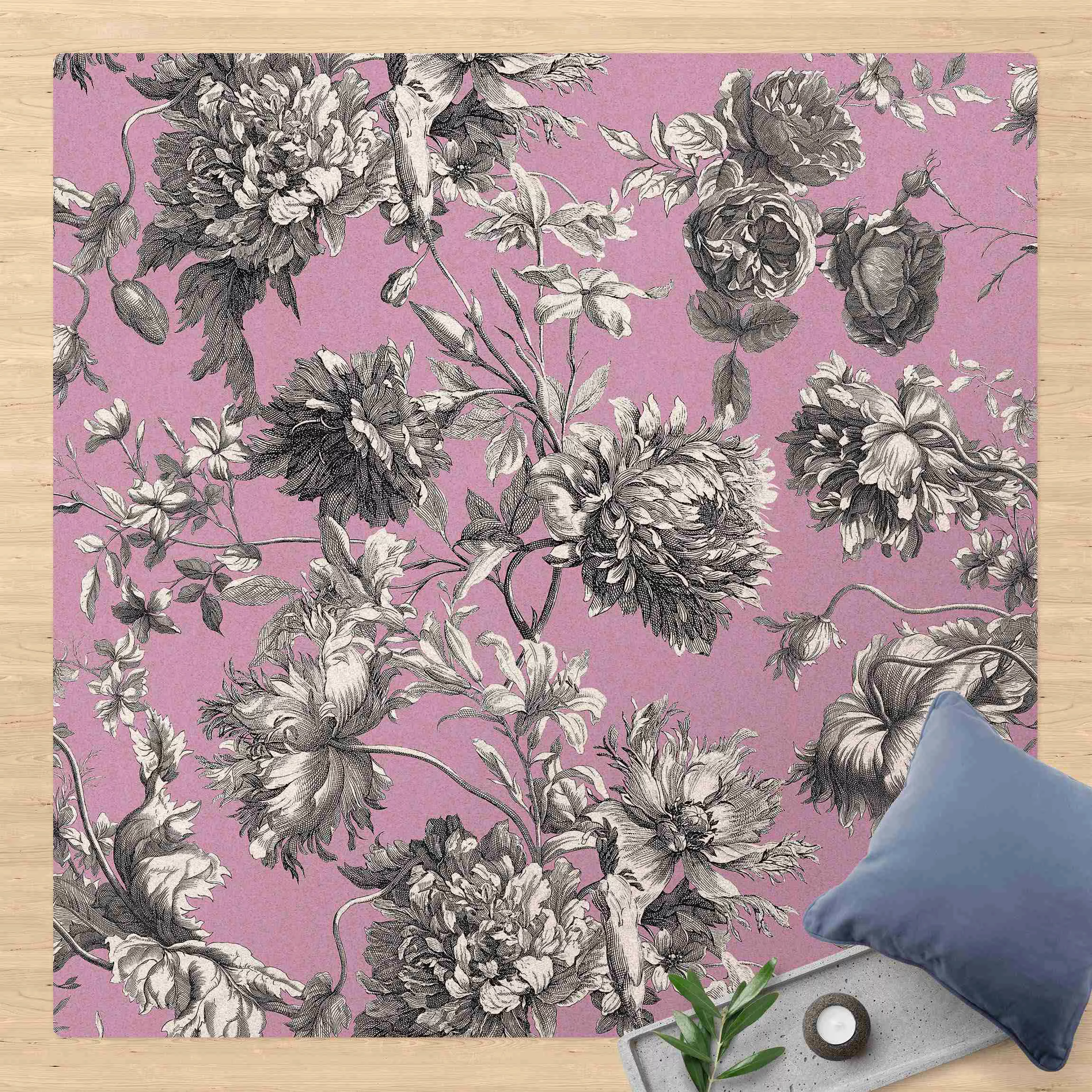 Kork-Teppich Floraler Kupferstich Grauviolett günstig online kaufen