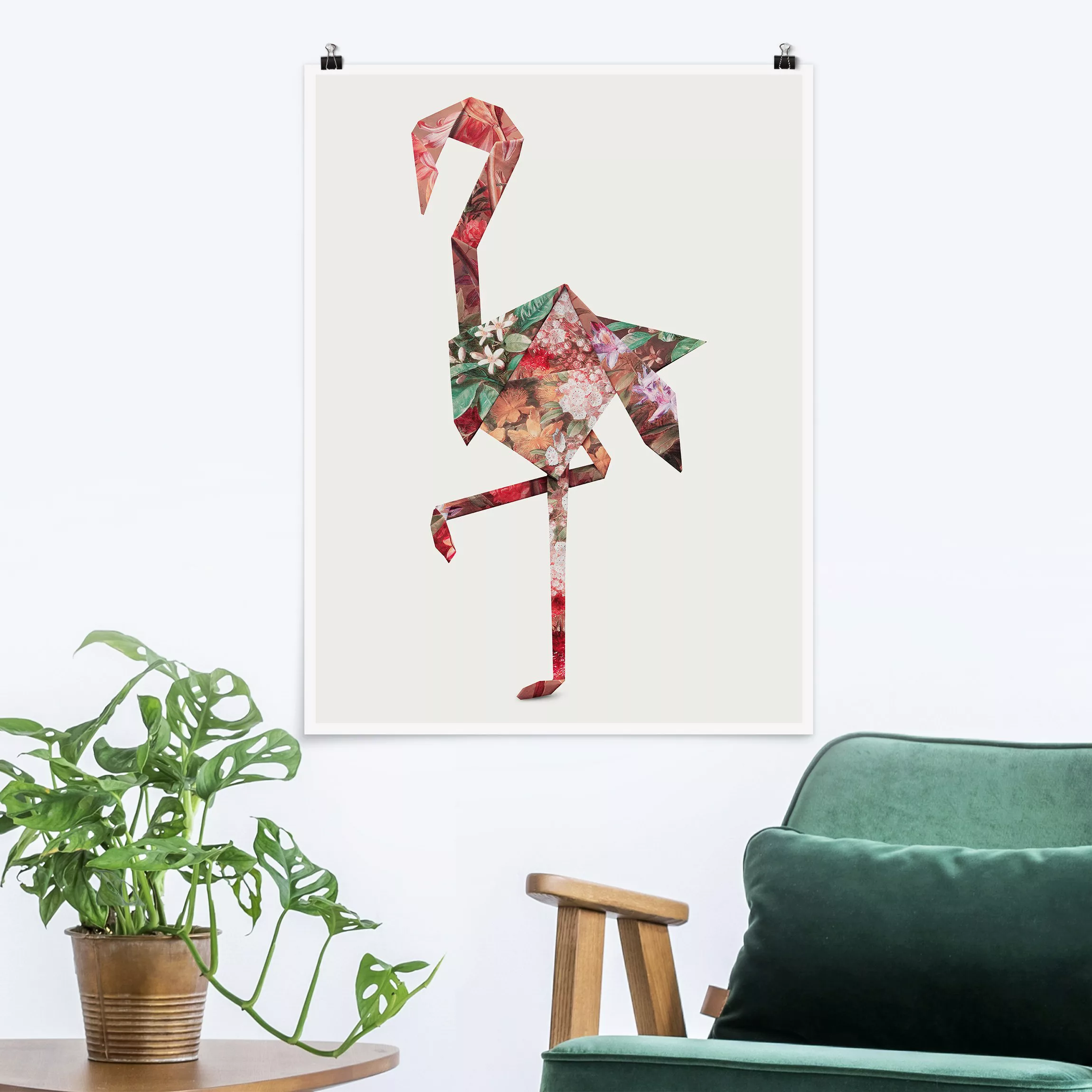 Poster Tiere - Hochformat Origami Flamingo günstig online kaufen