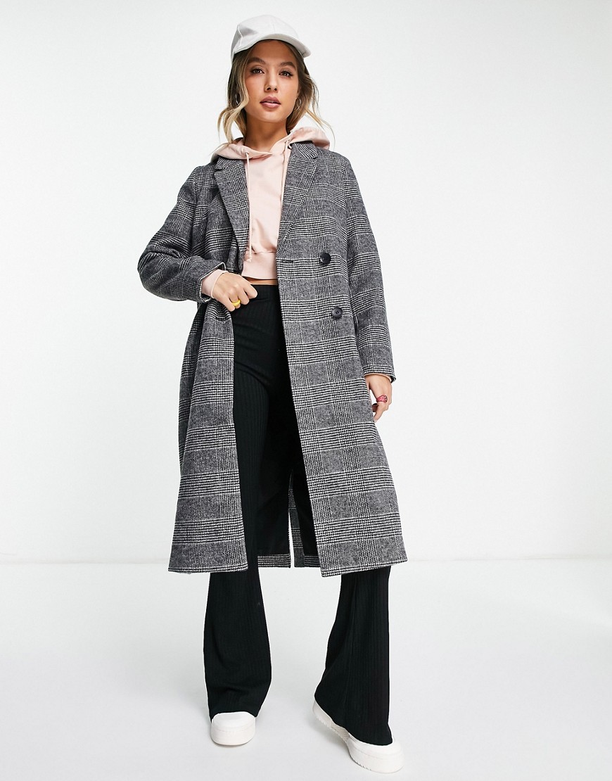 Monki – Zweireihiger, eleganter Mantel in Grau kariert-Schwarz günstig online kaufen