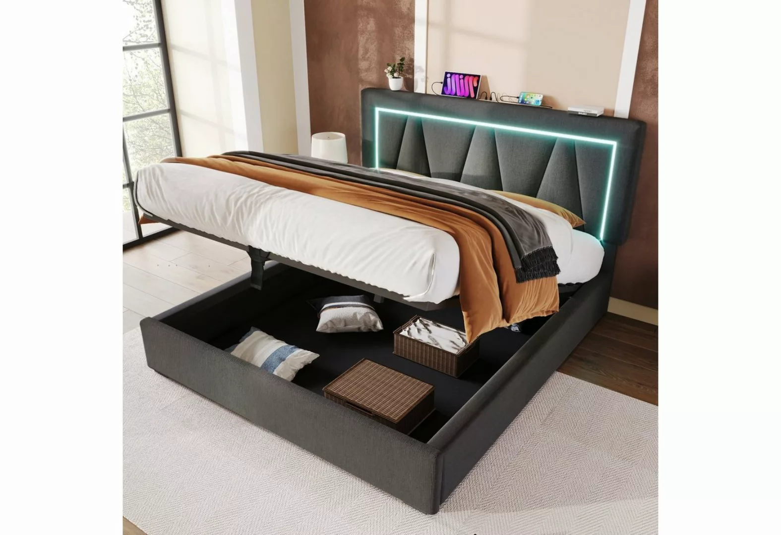 OKWISH Polsterbett Doppelbett (160 x 200 cm Ohne Matratze), LED Doppelbett günstig online kaufen