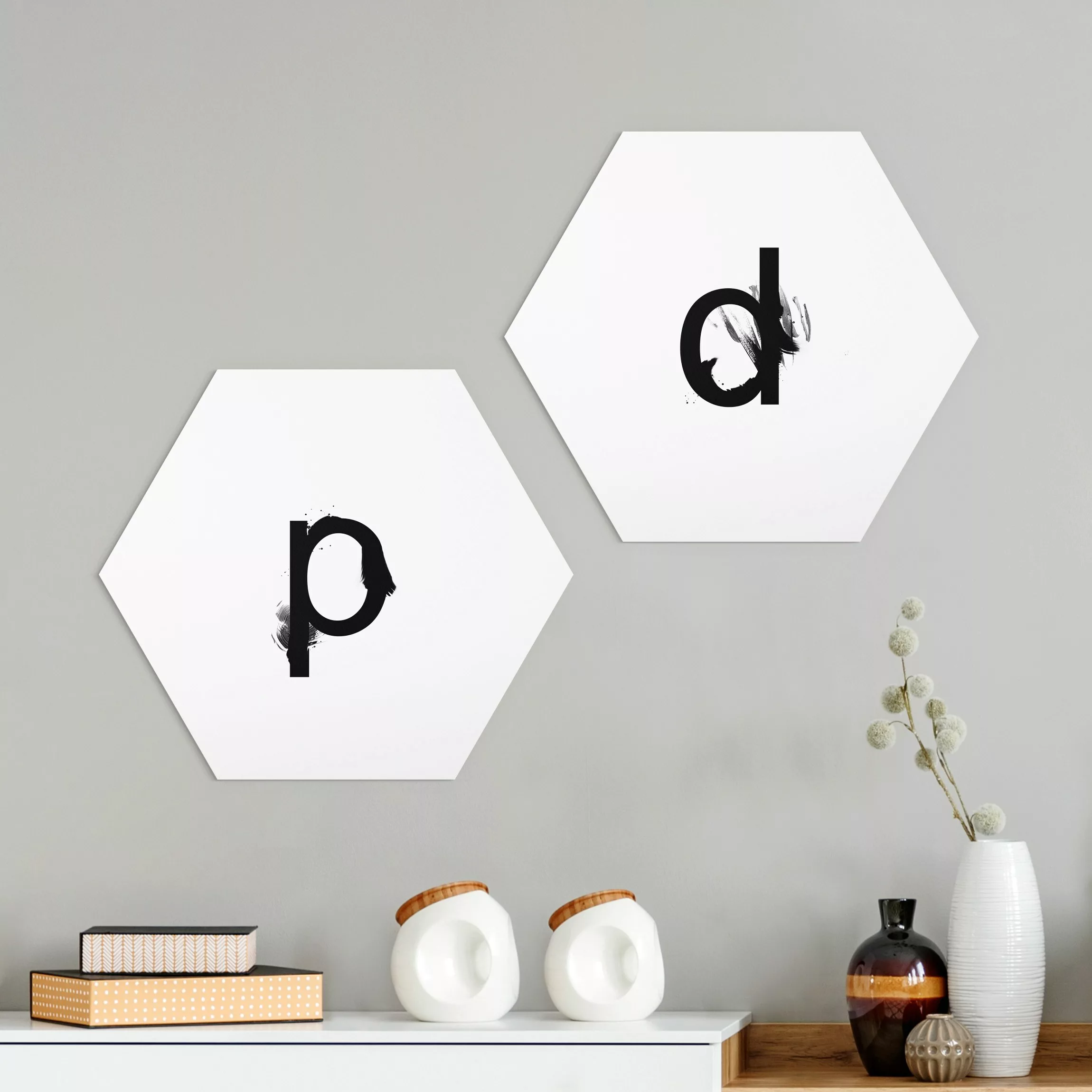 Hexagon-Alu-Dibond Bild Spruch Wunschbuchstabe Aquarell Schwarz günstig online kaufen