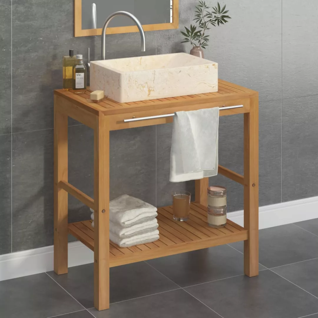 Waschtisch Massivholz Teak Mit Waschbecken Marmor Creme günstig online kaufen