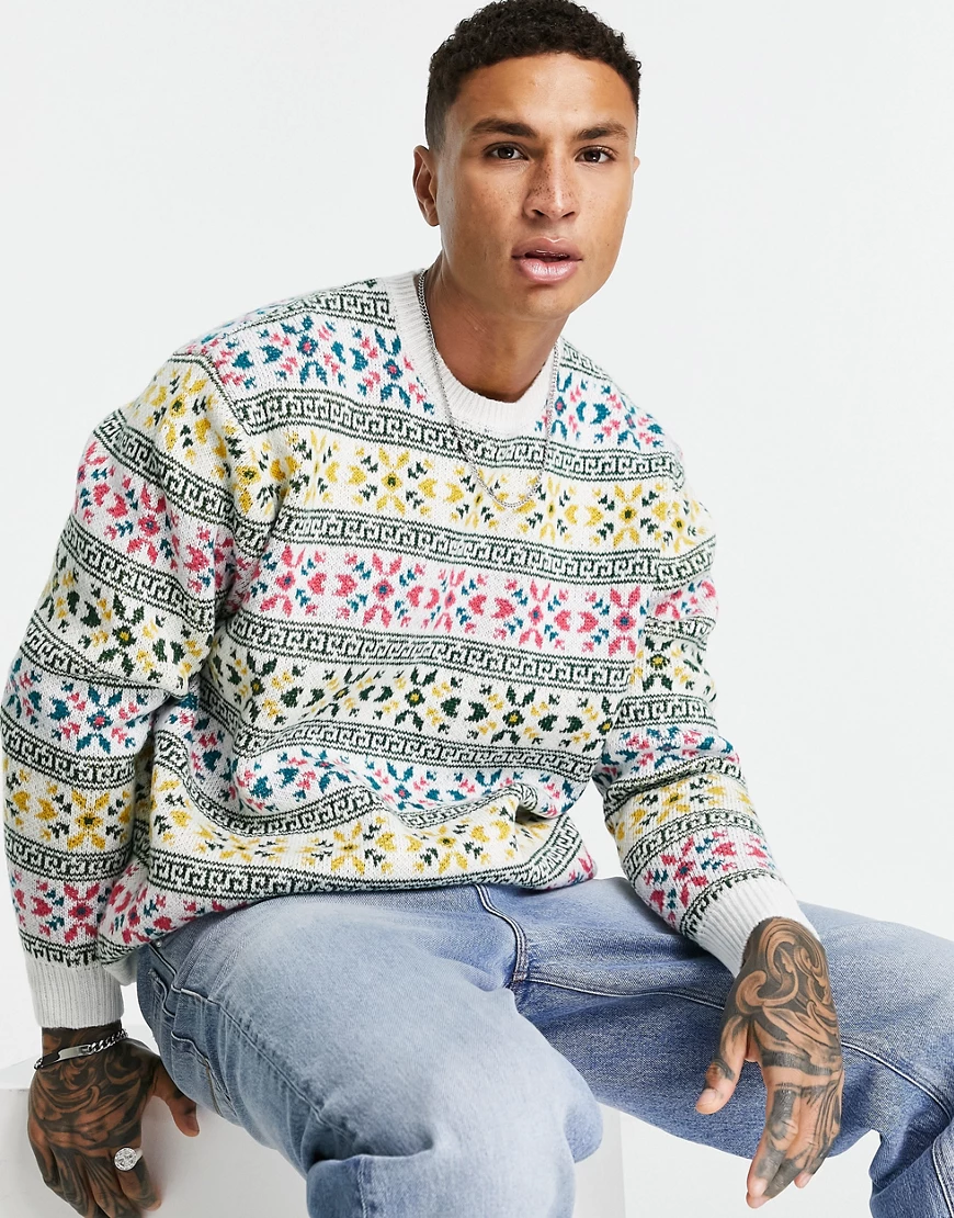 ASOS DESIGN – Weihnachtlicher Strickpullover aus schwerem Material in Ecru günstig online kaufen