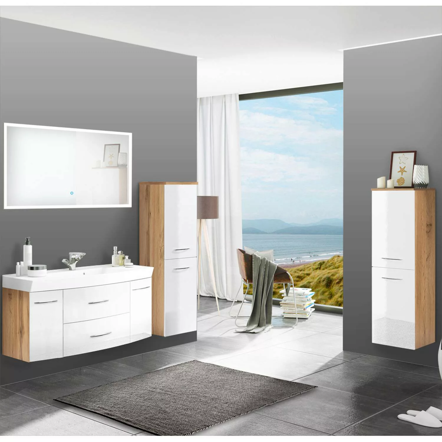 Lomadox Badmöbel Set mit 120cm Waschtisch FLORIDO-03-OAK in Hochglanz weiß günstig online kaufen