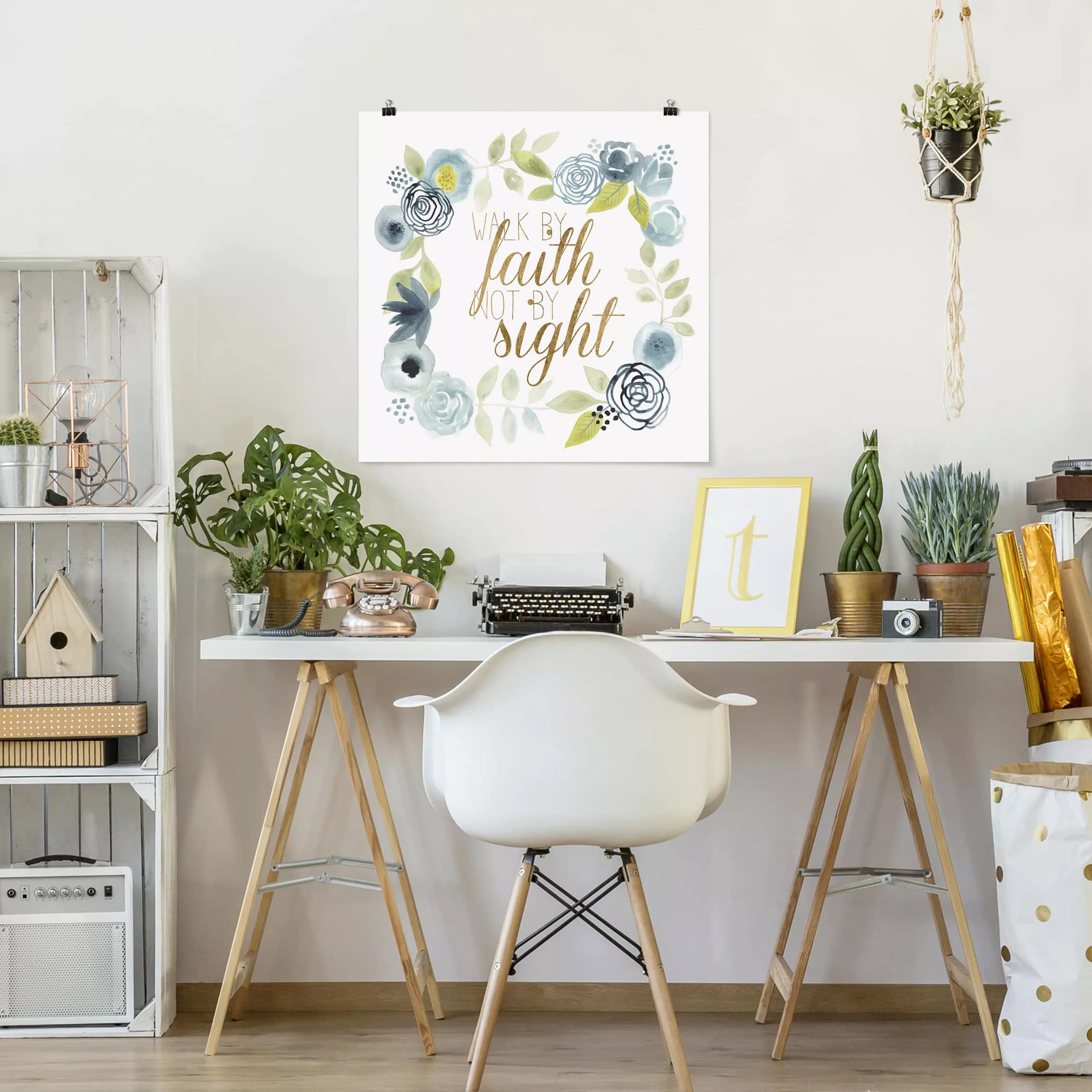 Poster Spruch - Quadrat Blumenkranz mit Spruch - Faith günstig online kaufen