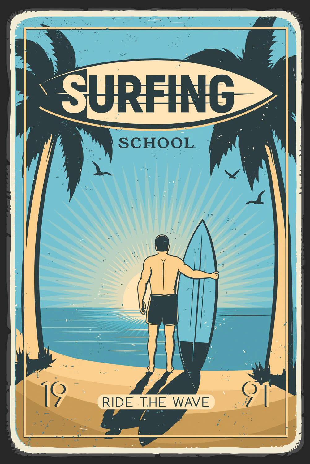 queence Metallbild "Surfing School", Schriftzüge-Schriftzug-Meer-Strand, (1 günstig online kaufen