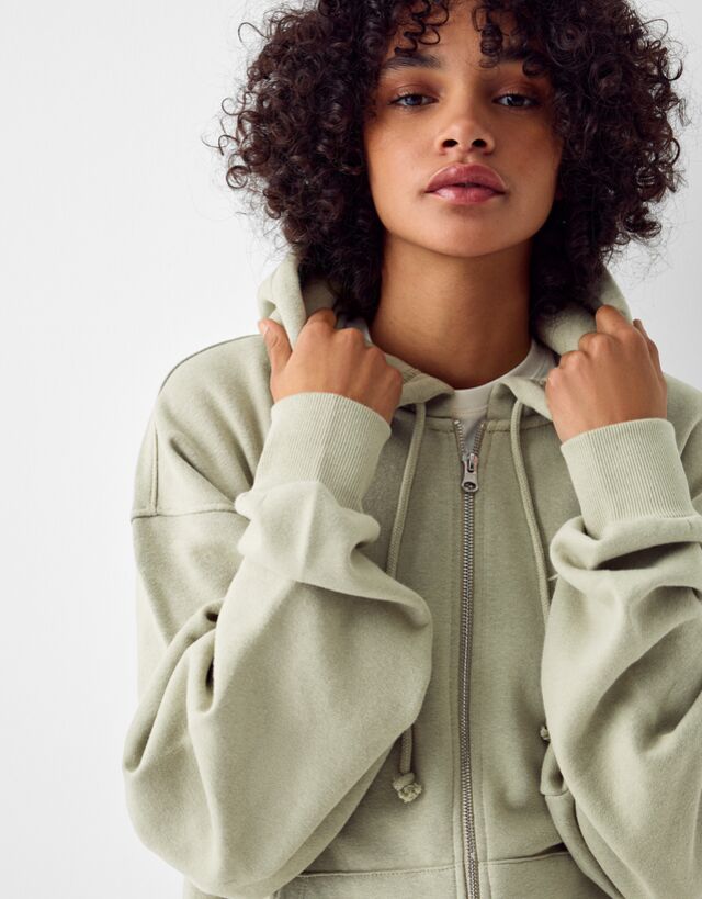 Bershka Oversize-Hoodie Mit Reißverschluss Und Print Bskteen M Khaki günstig online kaufen