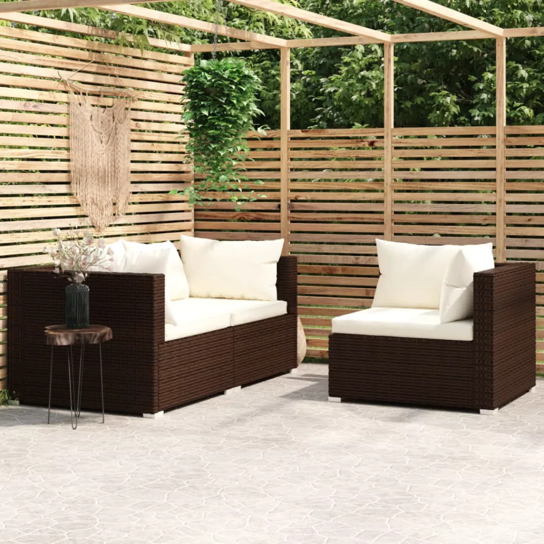 3-tlg. Garten-lounge-set Mit Auflagen Braun Poly Rattan günstig online kaufen