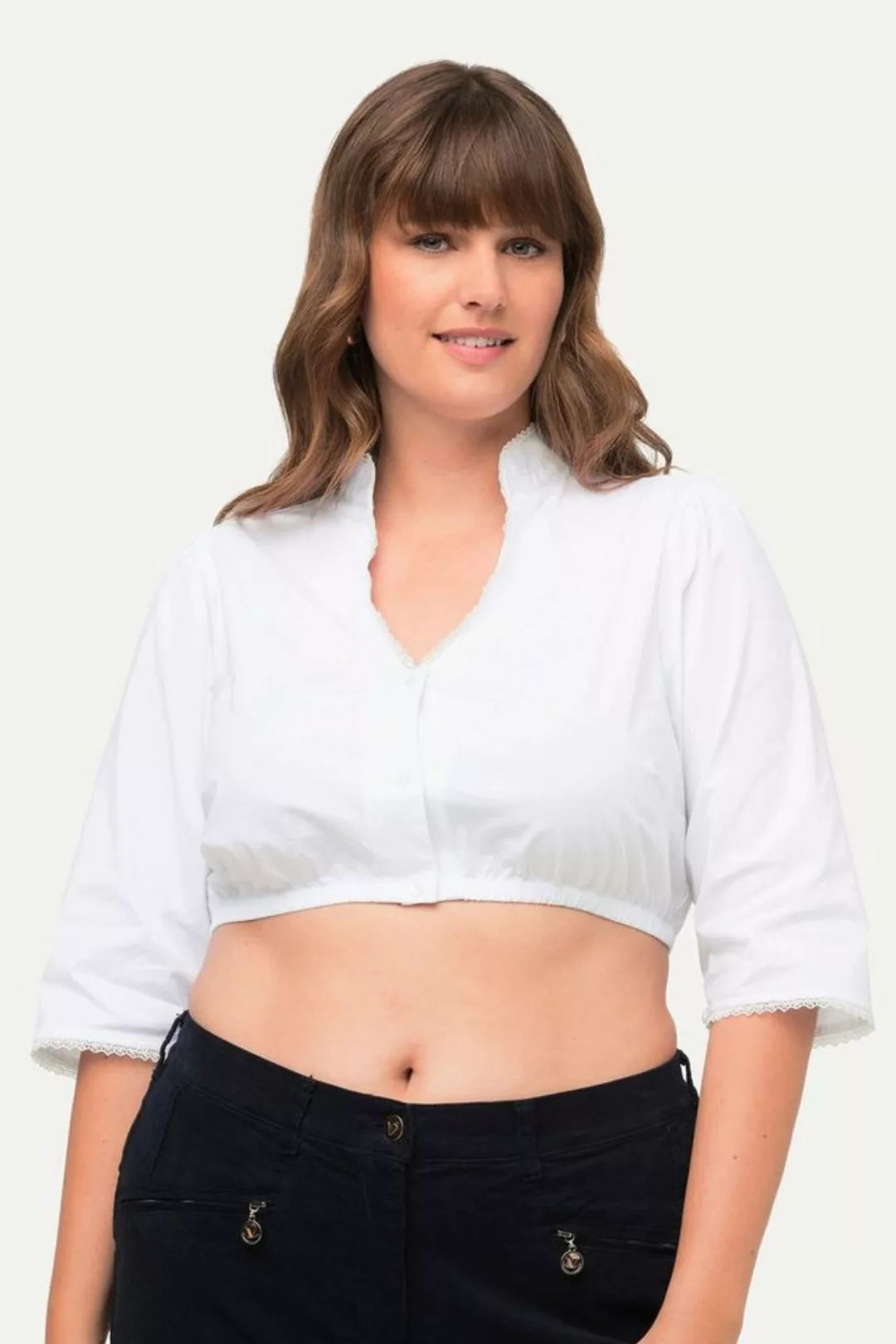 Ulla Popken Longbluse Dirndlbluse Stehkragen Spitze V-Ausschnitt 3/4-Arm günstig online kaufen