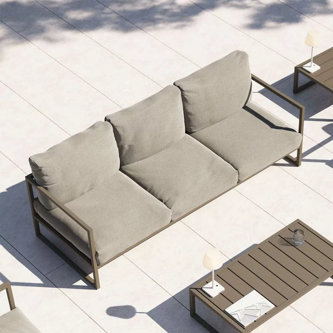 Dreisitzer Sofa Outdoor in Hellgrau und Graugrün Aluminium und Stoff günstig online kaufen