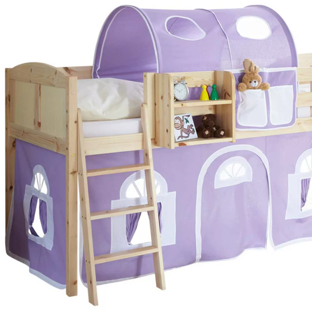 Kinderhochbett mit Turm, Tunnel und Vorhang Lila und Weiß günstig online kaufen