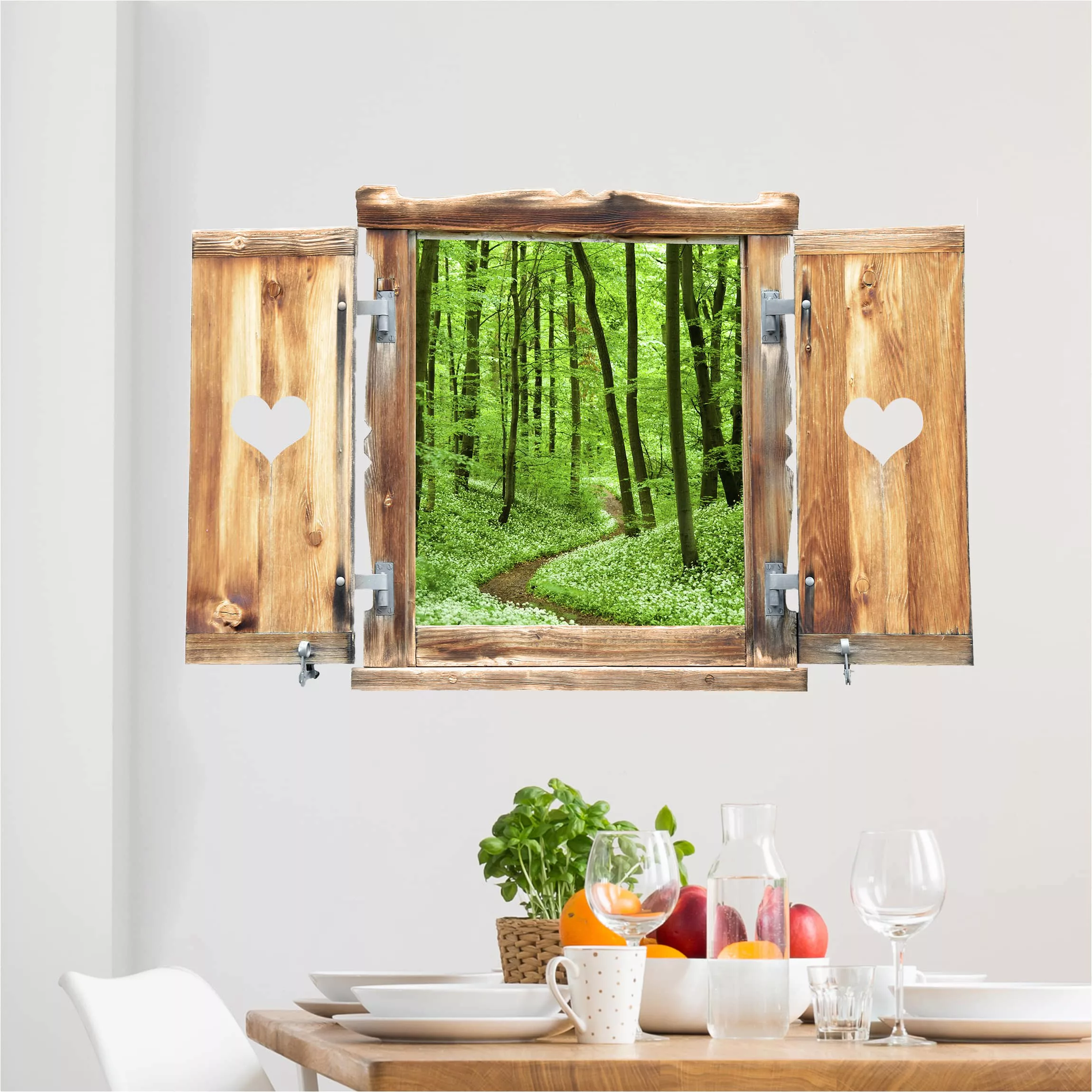 3D Wandtattoo Fenster mit Herz Romantischer Waldweg günstig online kaufen