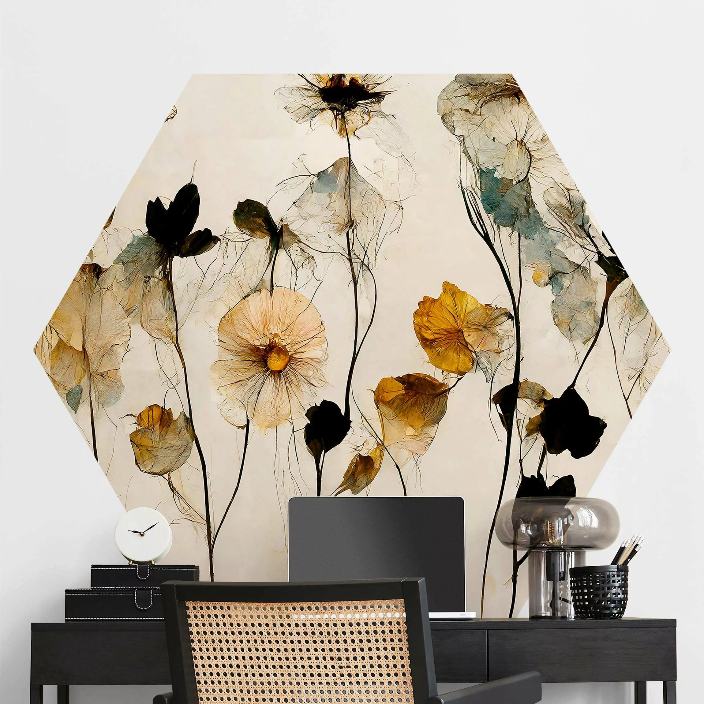 Hexagon Tapete selbstklebend Warme Blüten günstig online kaufen