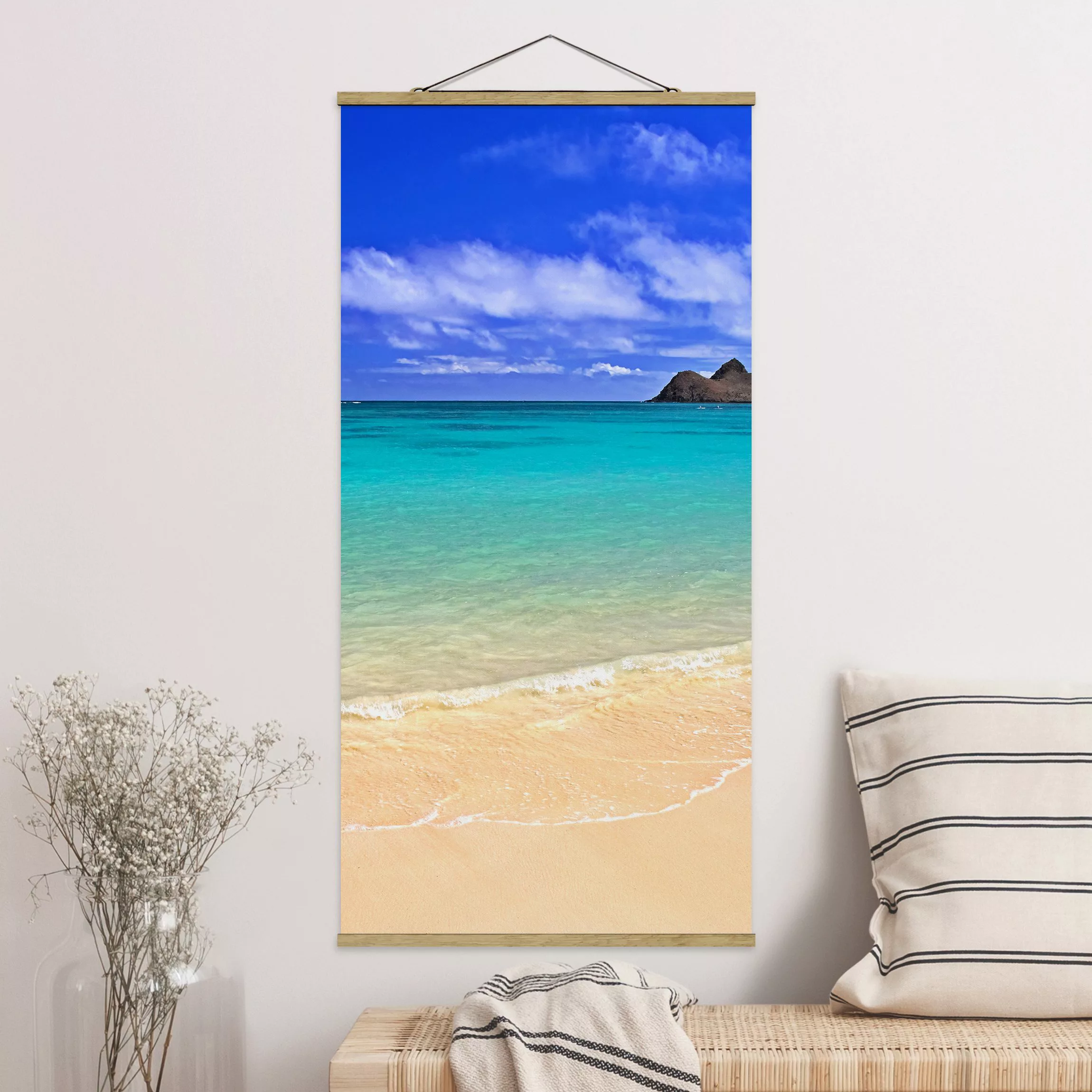 Stoffbild Strand mit Posterleisten - Hochformat Paradise Beach günstig online kaufen