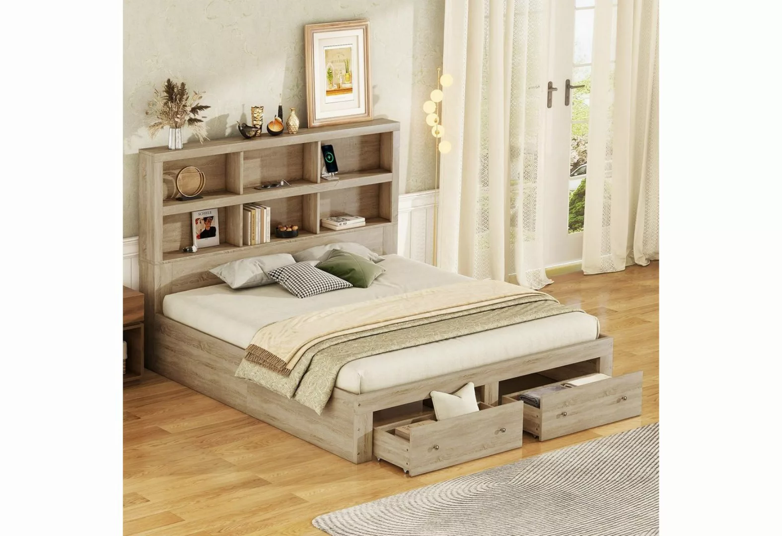 OKWISH Bett Doppelbett, Kingsize-Plattformbett, Holzbett, Lagerungsbett (Ko günstig online kaufen