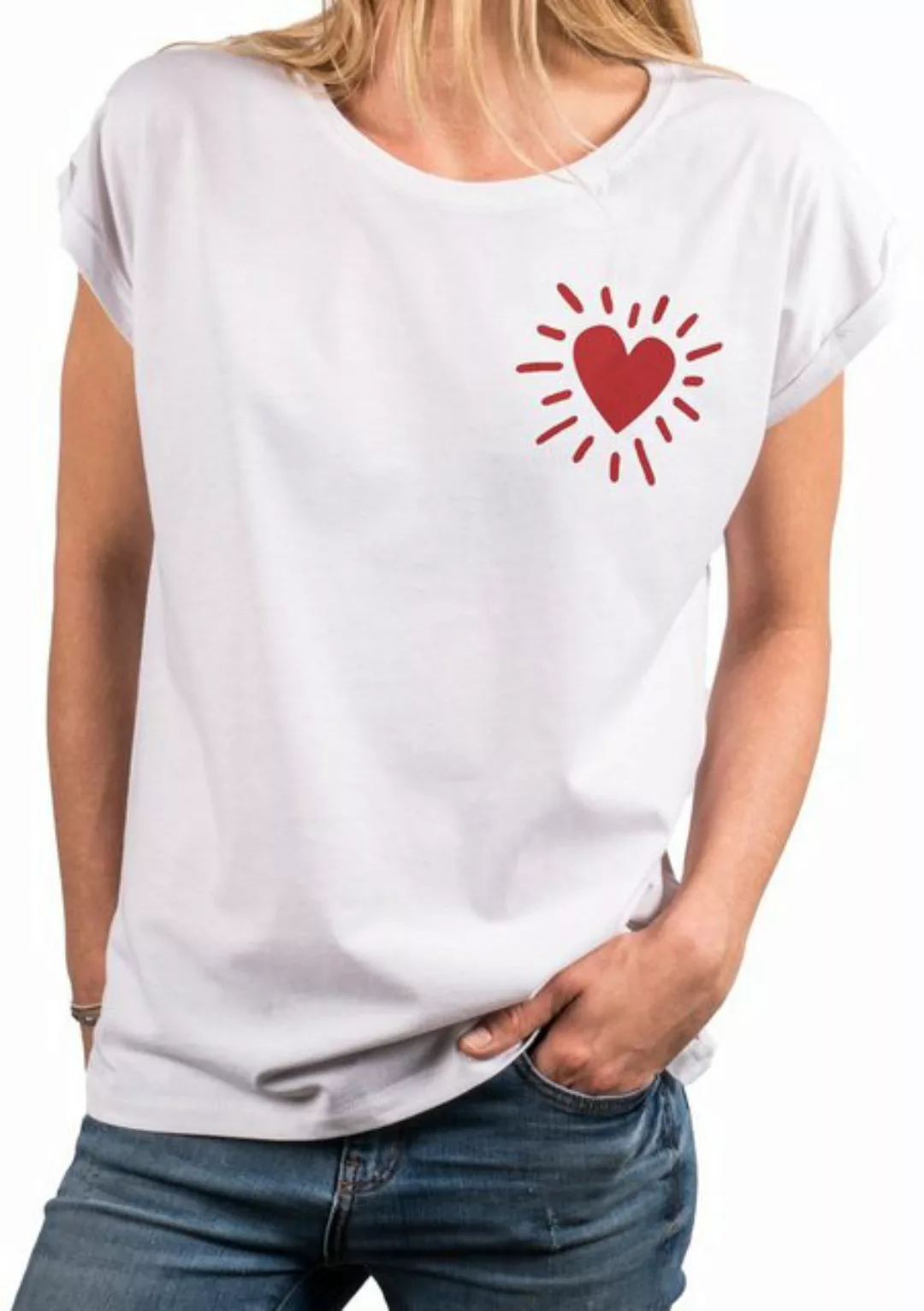 MAKAYA Print-Shirt Damen Kurzam Top Baumwolle Herz Motiv Druck Aufdruck Hea günstig online kaufen