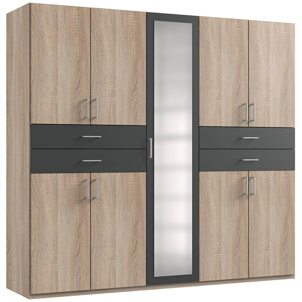 Kleiderschrank mit Spiegel, 225 cm breit modern in Eiche sägerau mit graphi günstig online kaufen