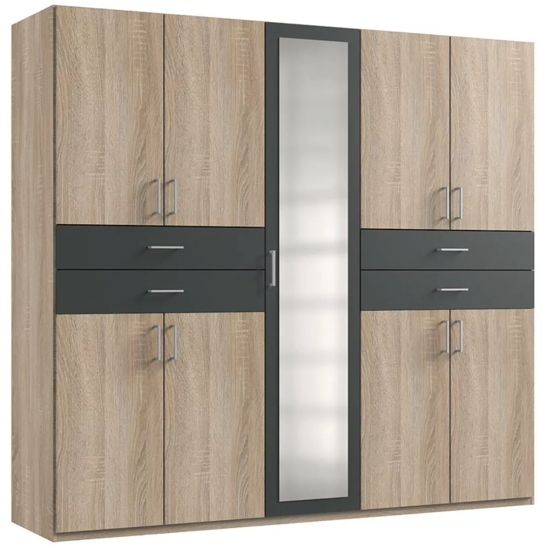 Kleiderschrank mit Spiegel, 225 cm breit modern in Eiche sägerau mit graphi günstig online kaufen