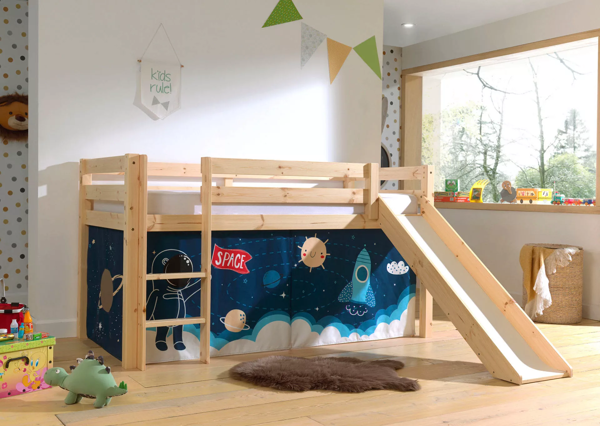 Vipack Spielbett "Pino, Kiefer massiv, mit Rolllattenrost u. Textil-Set, Ma günstig online kaufen