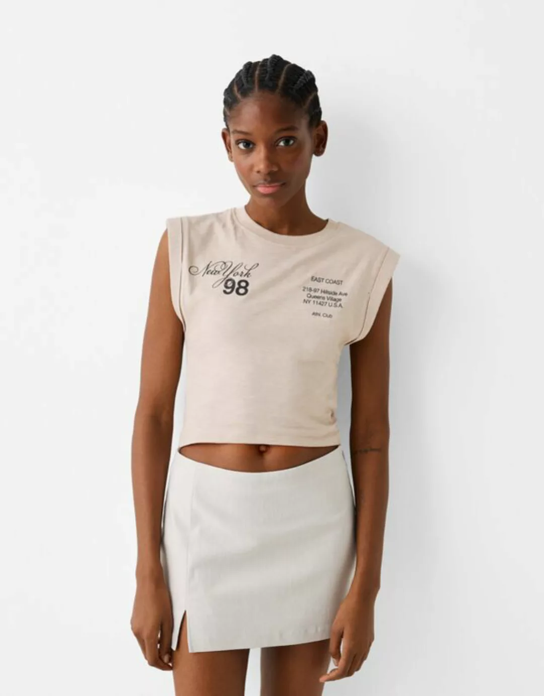 Bershka Ärmelloses Shirt Mit Print Damen Xs Sandfarbe günstig online kaufen