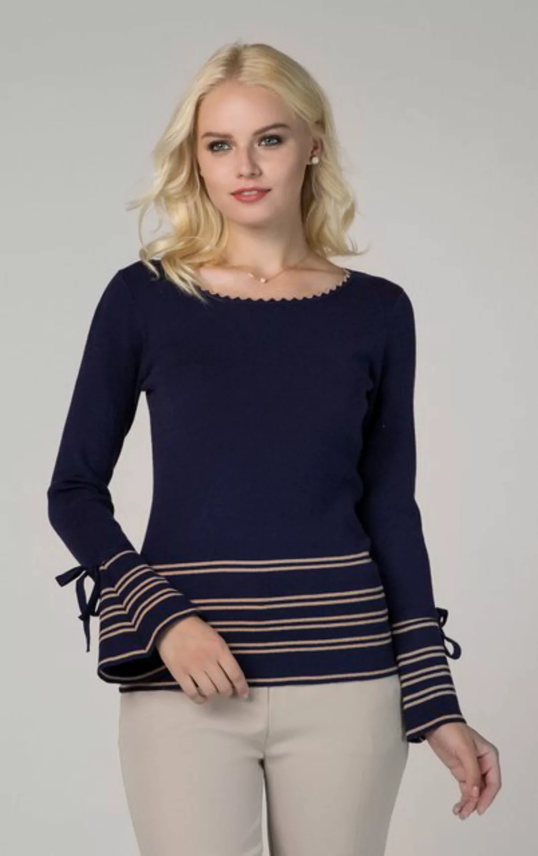 Passioni Strickpullover in Marineblau mit Kamelstreifen sowie ausgestellten günstig online kaufen