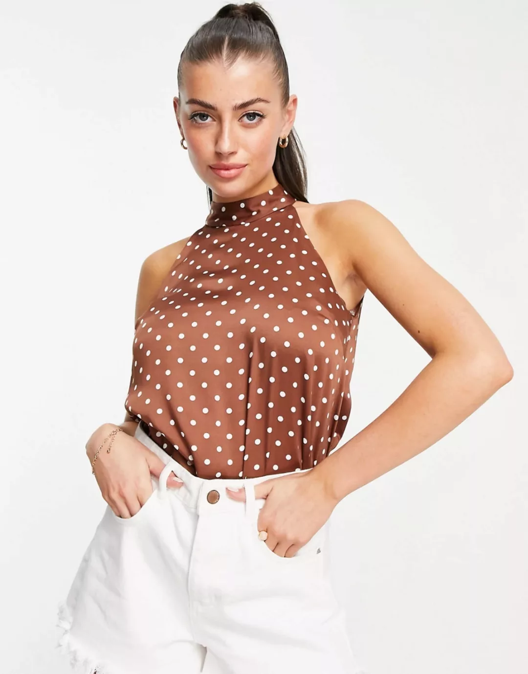 River Island – Neckholder-Oberteil mit Punktemuster in Braun günstig online kaufen