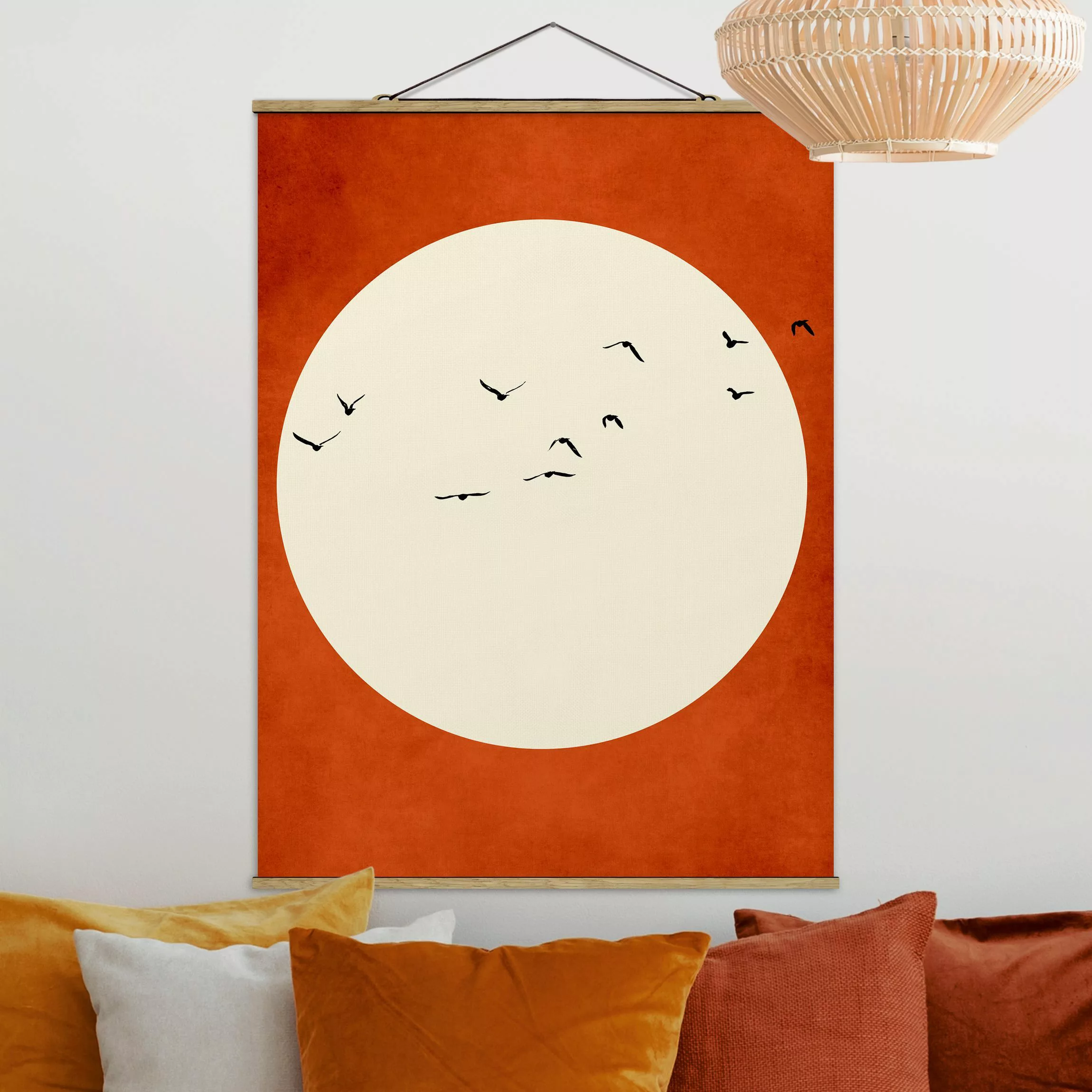 Stoffbild mit Posterleisten Vogelschwarm im Abendrot günstig online kaufen