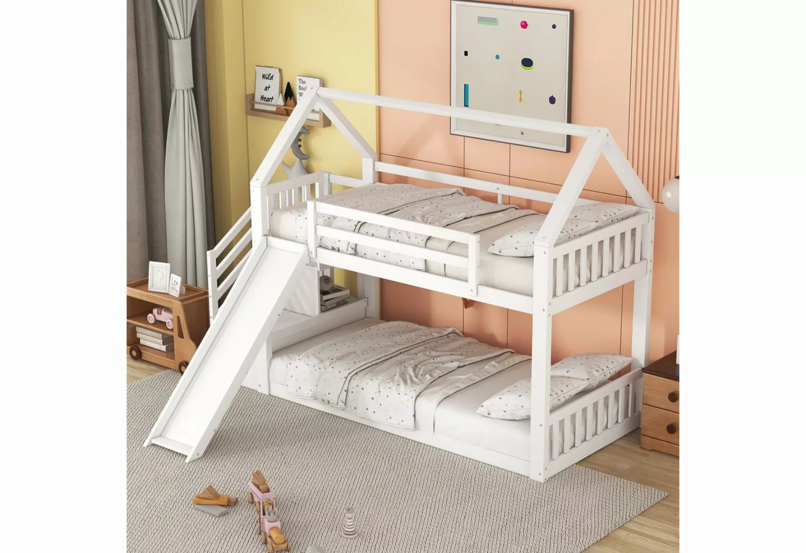 Celya Kinderbett Etagenbett mit Stauraumtreppe und Rutsche, Hausbett, Gelän günstig online kaufen