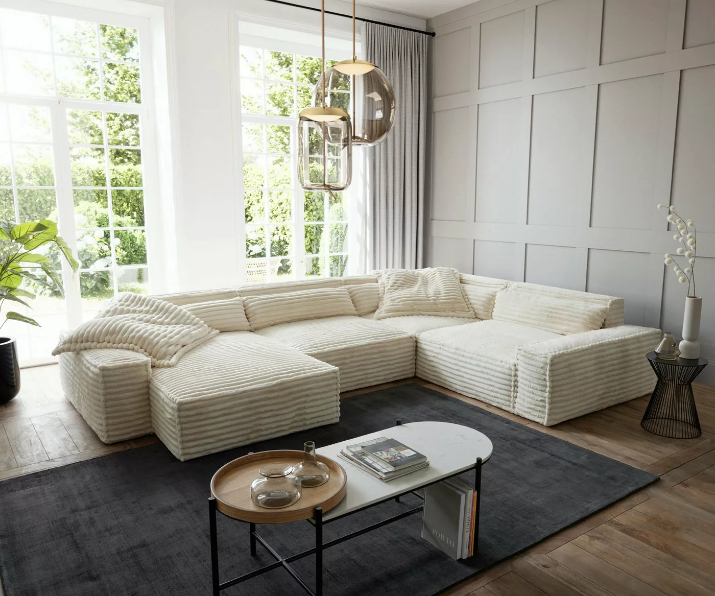 DELIFE Big-Sofa Sirpio, XL Plüschcord Beige 360x260 cm Recamiere variabel günstig online kaufen