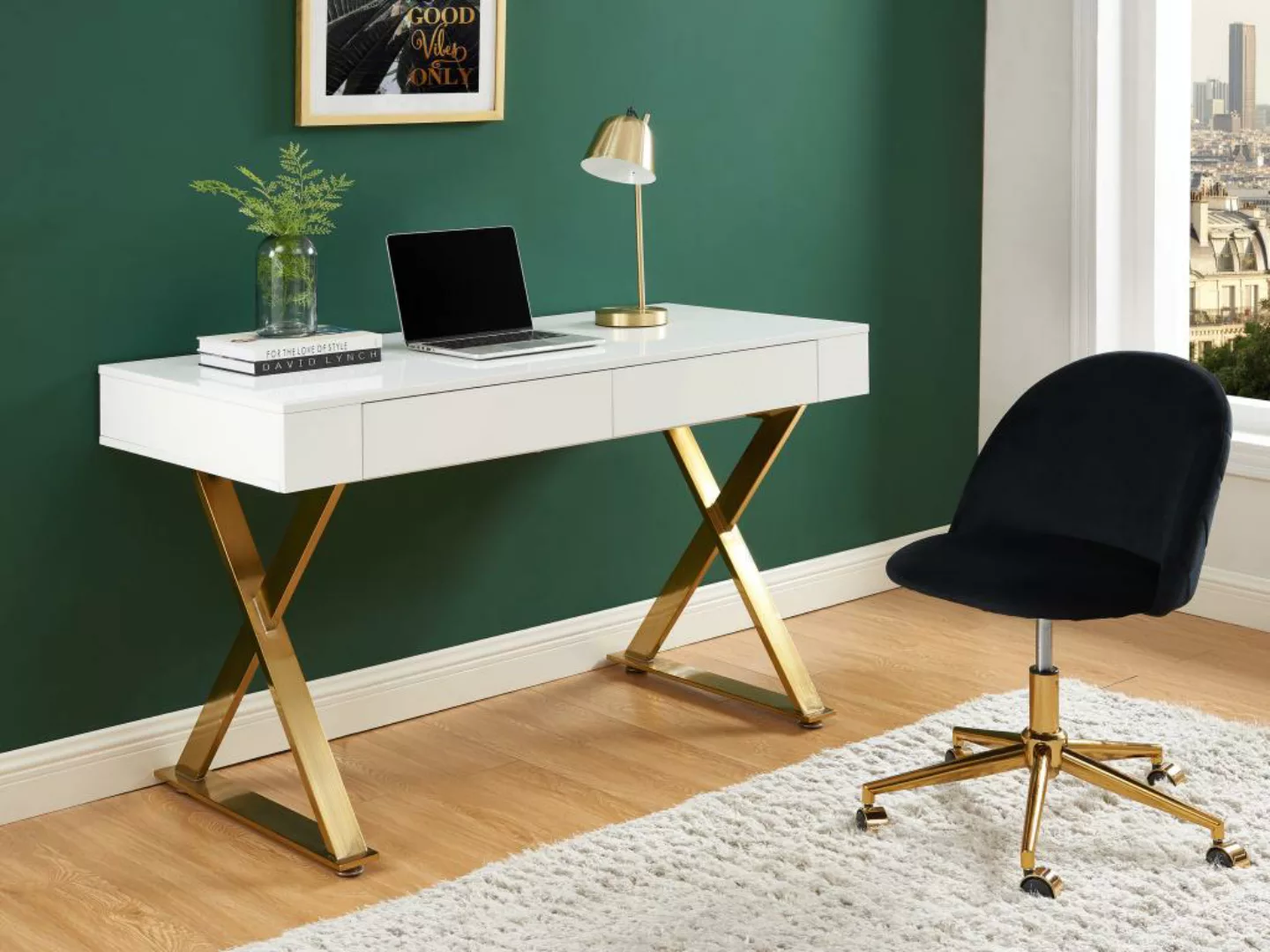 Schreibtisch mit 2 Schubladen - MDF lackiert & Metall - Weiß & Goldfarben - günstig online kaufen