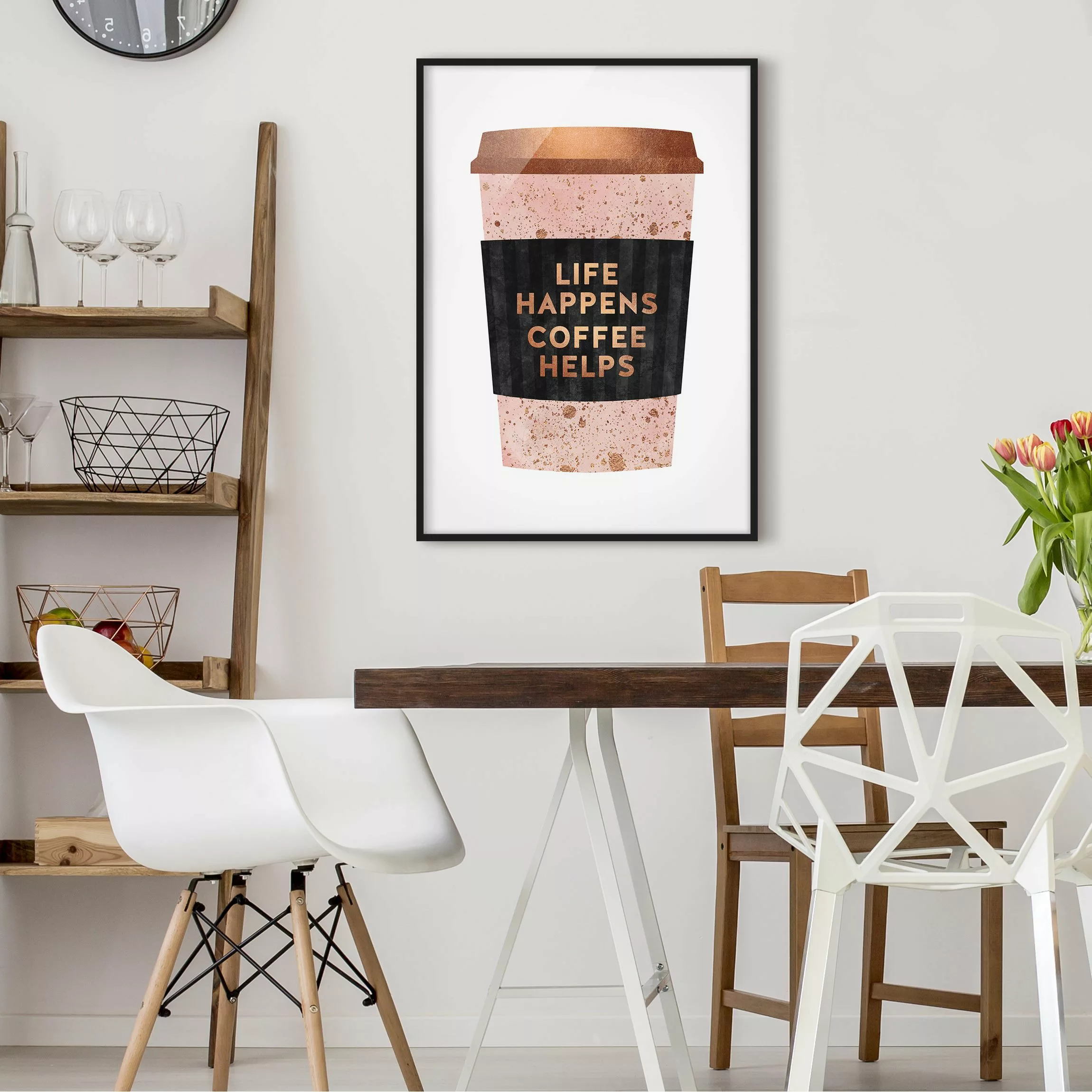 Bild mit Rahmen Küche - Hochformat Life Happens Coffee Helps Gold günstig online kaufen