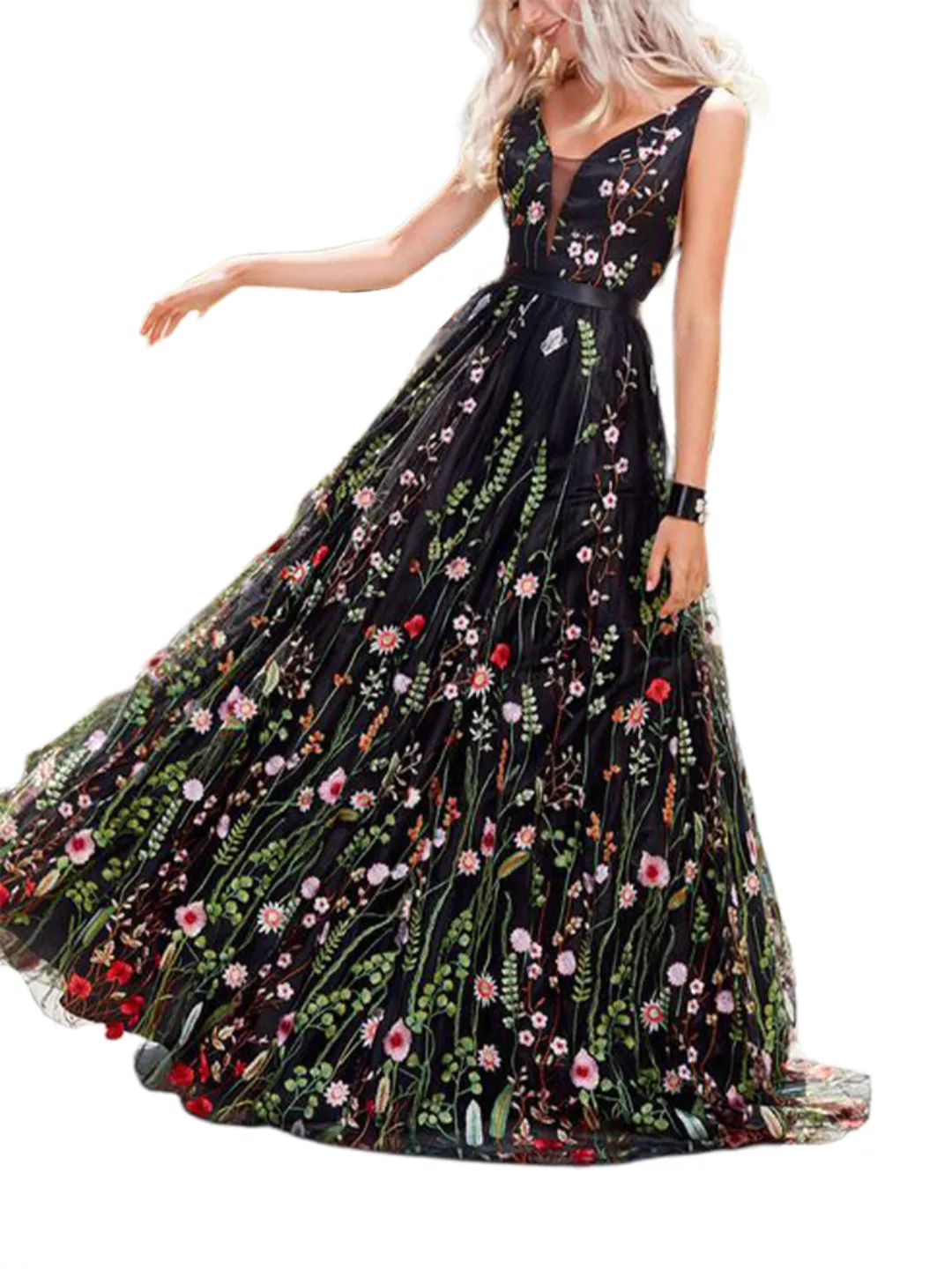Blumengestickter rückenfreier ärmelloser Abend Kleid günstig online kaufen