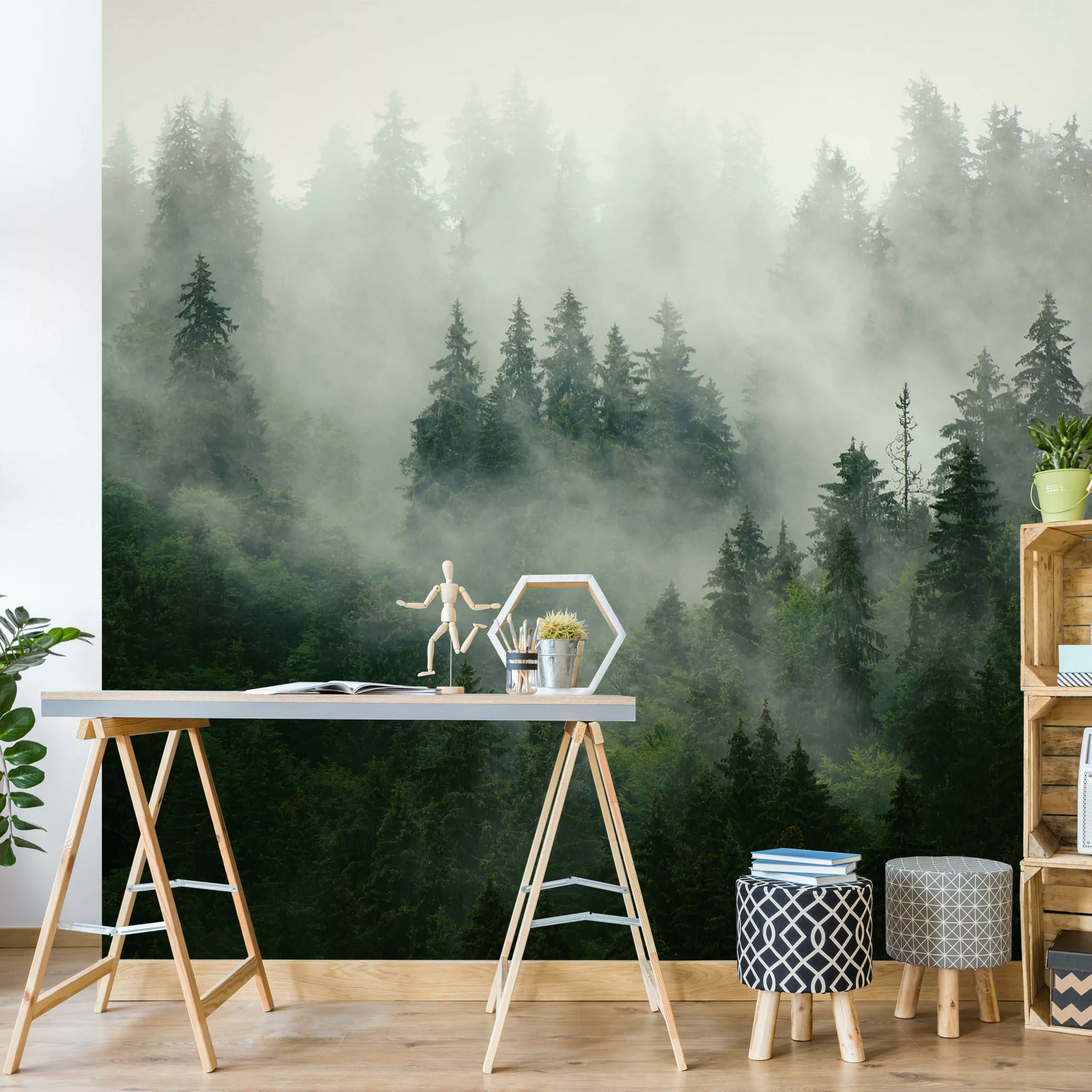Fototapete Tiefgrüner Tannenwald im Nebel günstig online kaufen