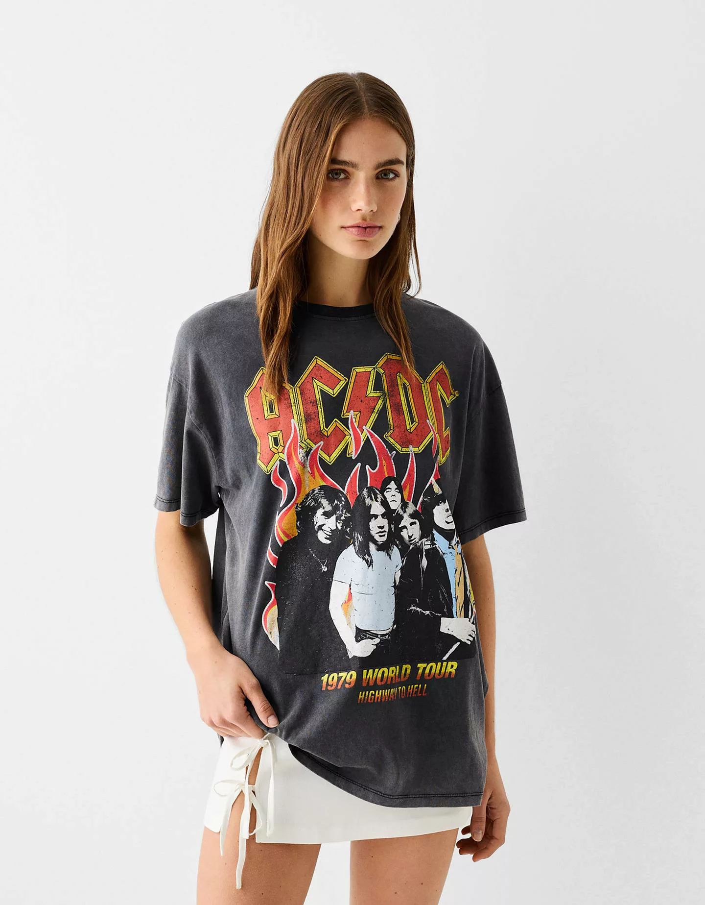 Bershka T-Shirt Ac/Dc Mit Print Damen S Grau günstig online kaufen