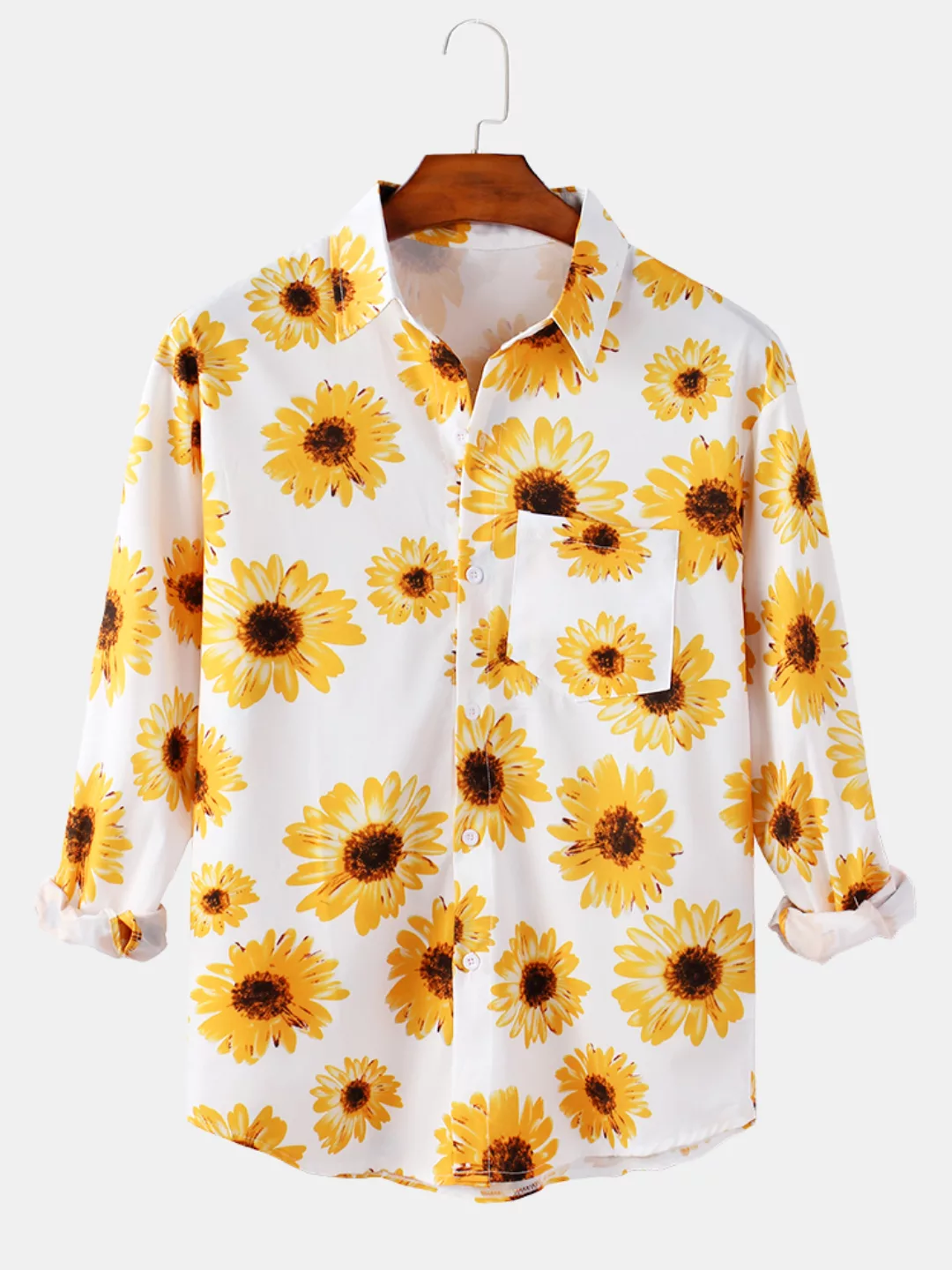 Herren Sonnenblumendruck Casual Holiday Revers Langarmhemden mit Tasche günstig online kaufen