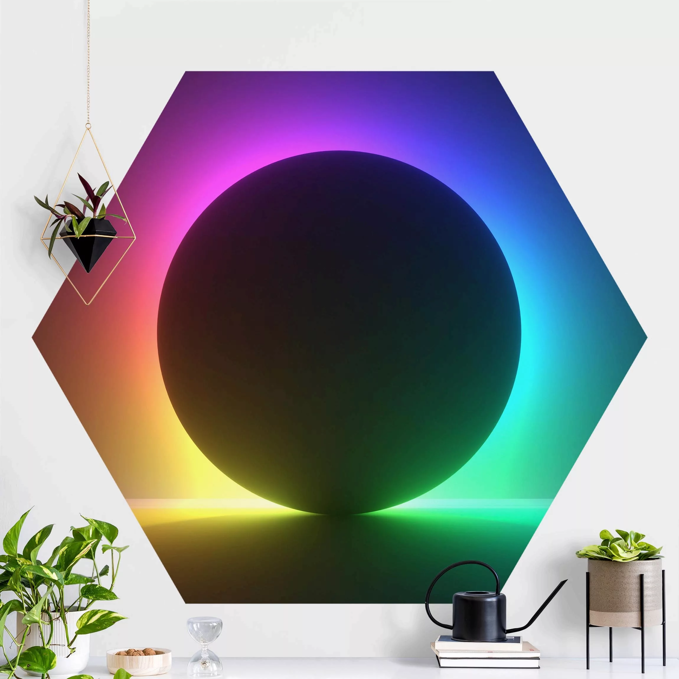 Hexagon Mustertapete selbstklebend Schwarzer Kreis mit Neonlicht günstig online kaufen
