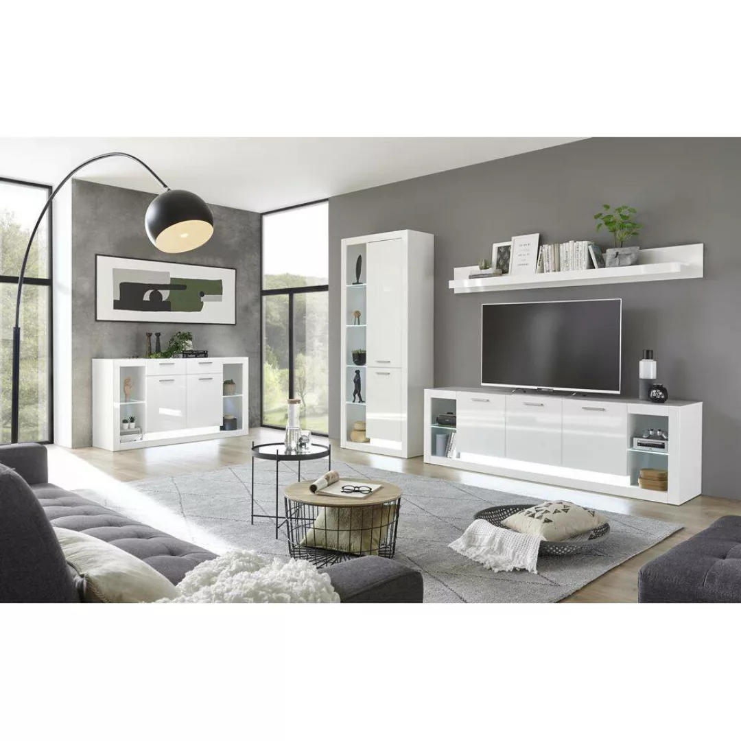 Modernes Wohnwand Set mit Kommode MAILAND-61 Hochglanz weiß, LED-Beleuchtun günstig online kaufen