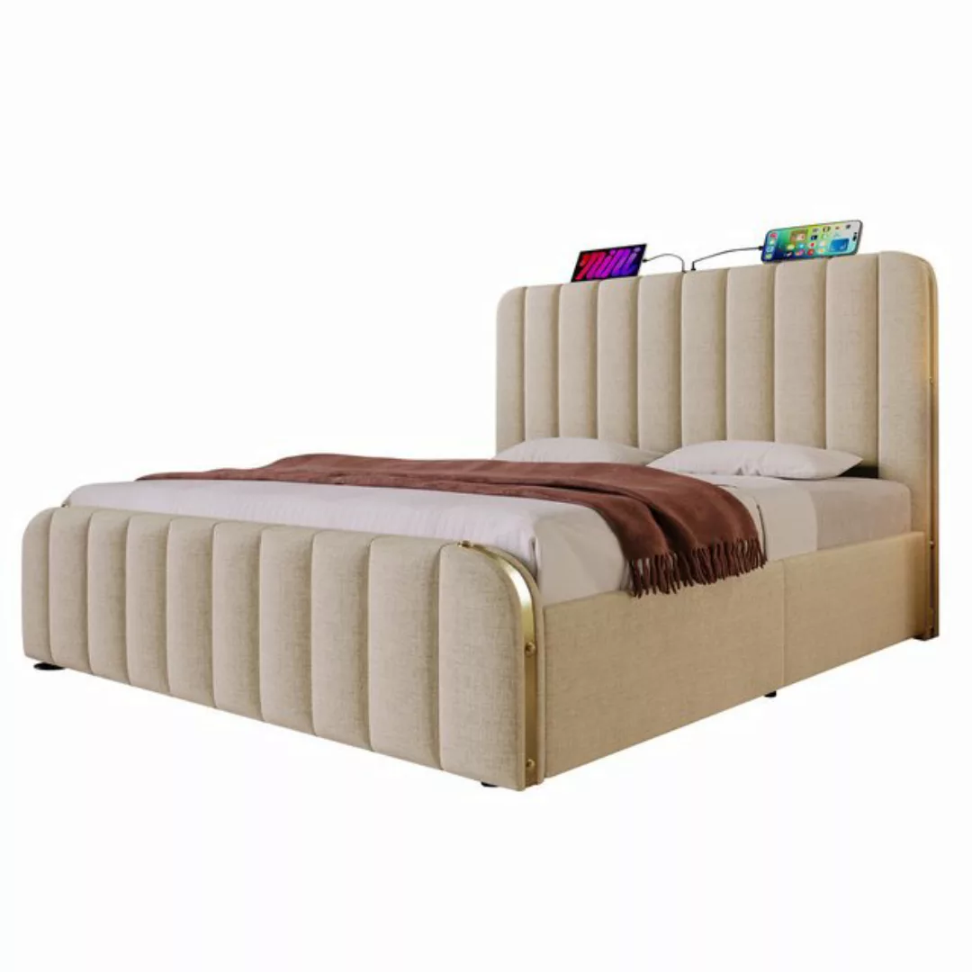 OKWISH Polsterbett Doppelbett (Beige Leinen-Material Hydraulisches Lagerbet günstig online kaufen