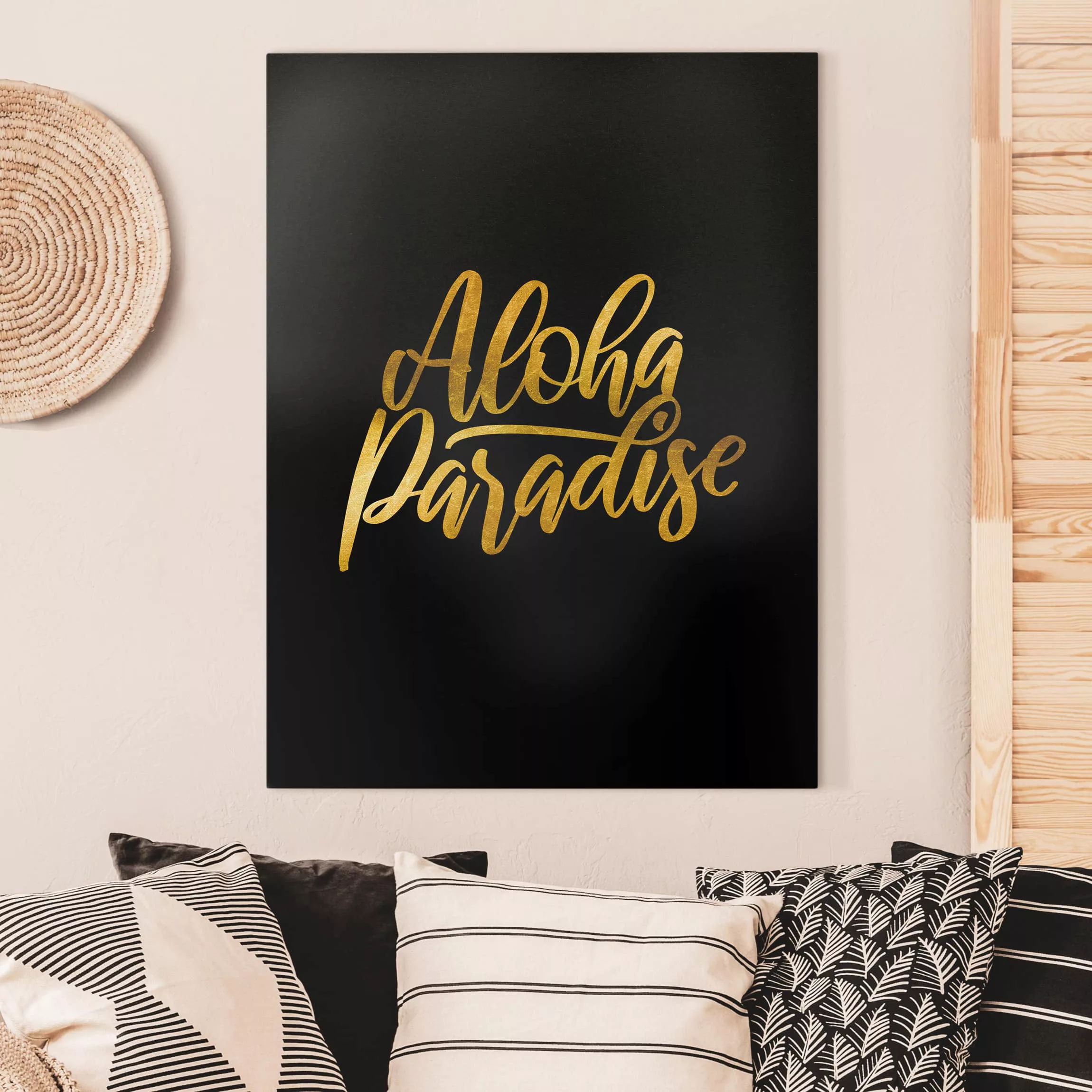 Leinwandbild - Hochformat Gold - Aloha Paradise auf Schwarz günstig online kaufen