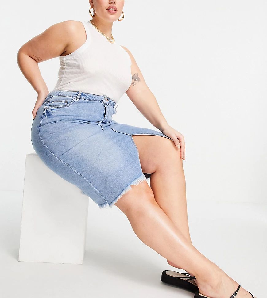 Vero Moda Curve – Midi-Jeansrock mit Schlitz vorn in Blau günstig online kaufen