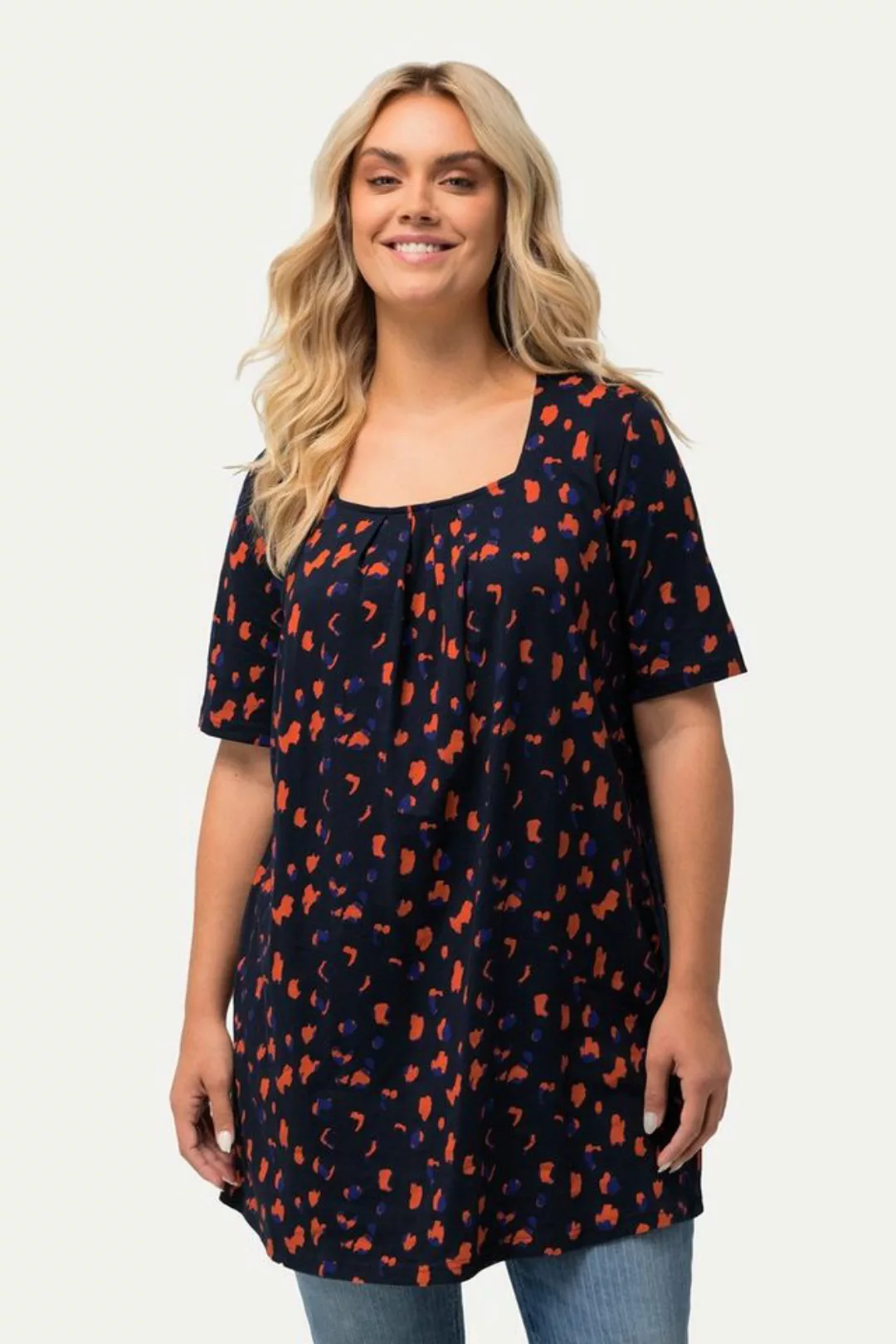 Ulla Popken Rundhalsshirt Longshirt Fleckenmuster Carree-Ausschnitt Halbarm günstig online kaufen