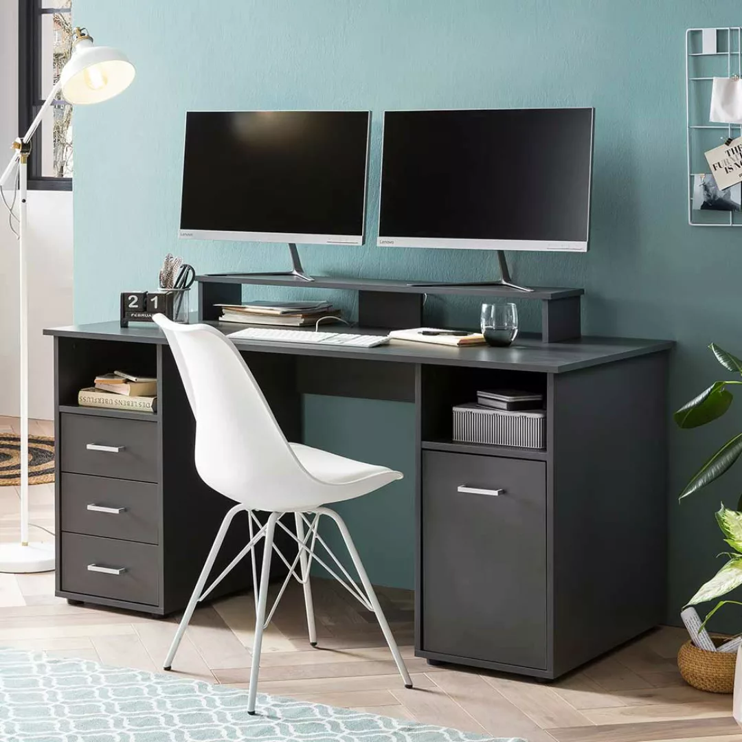 Schreibtisch mit Aufsatz in Anthrazit Tür und Schubladen günstig online kaufen
