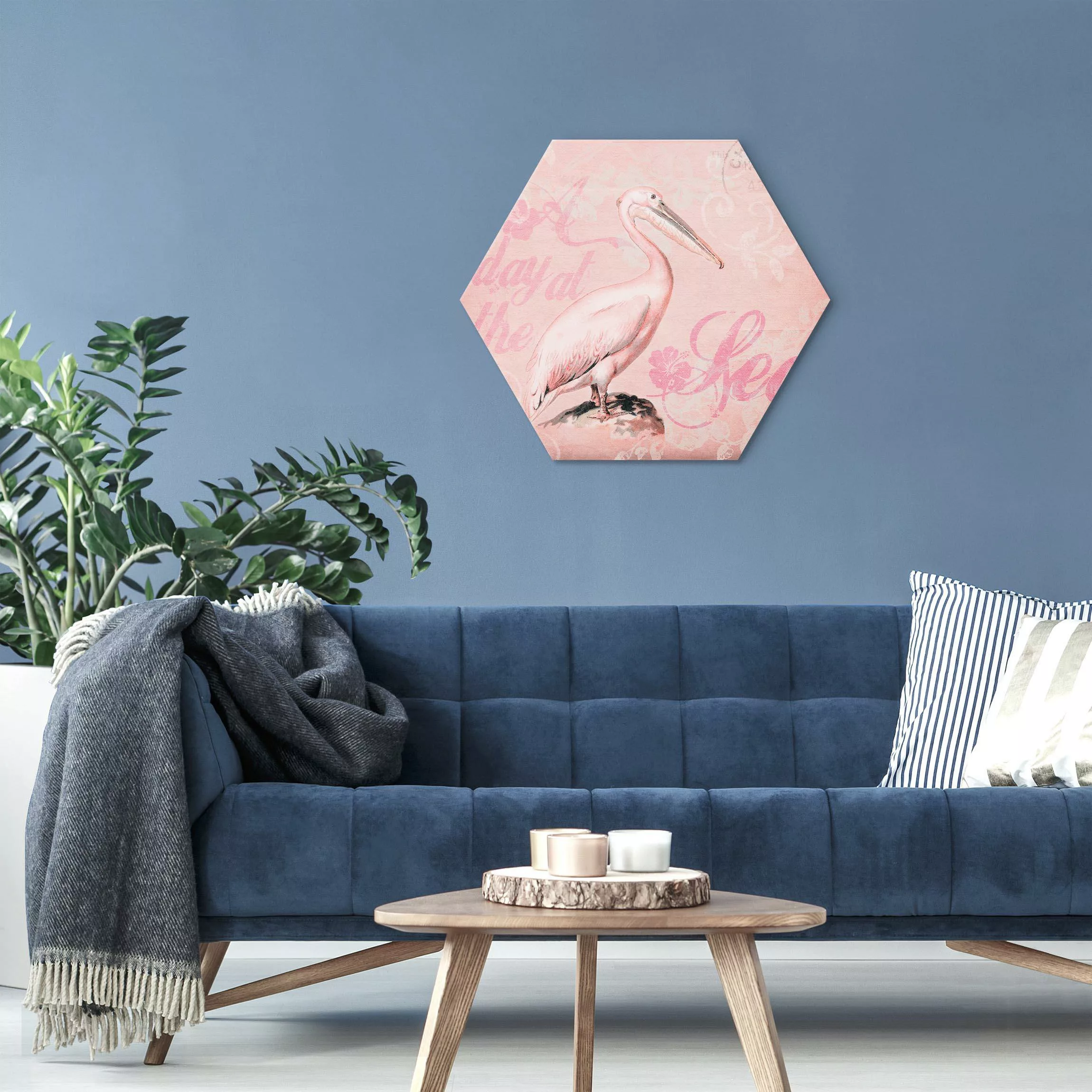 Hexagon-Alu-Dibond Bild Shabby Chic Collage - Pelikan günstig online kaufen